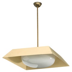 Italian Designer, Pendant Light, Brass, Metal, Glass, Italy, 1950s