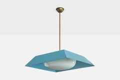 Italian Designer, Pendant Light, Brass, Metal, Glass, Italy, 1950s