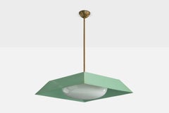 Italian Designer, Pendant Light, Brass, Metal, Glass, Italy, 1950s