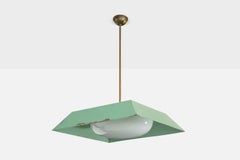 Italian Designer, Pendant Light, Brass, Metal, Glass, Italy, 1950s