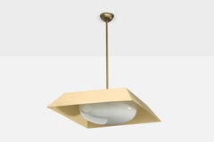 Italian Designer, Pendant Light, Brass, Metal, Glass, Italy, 1950s