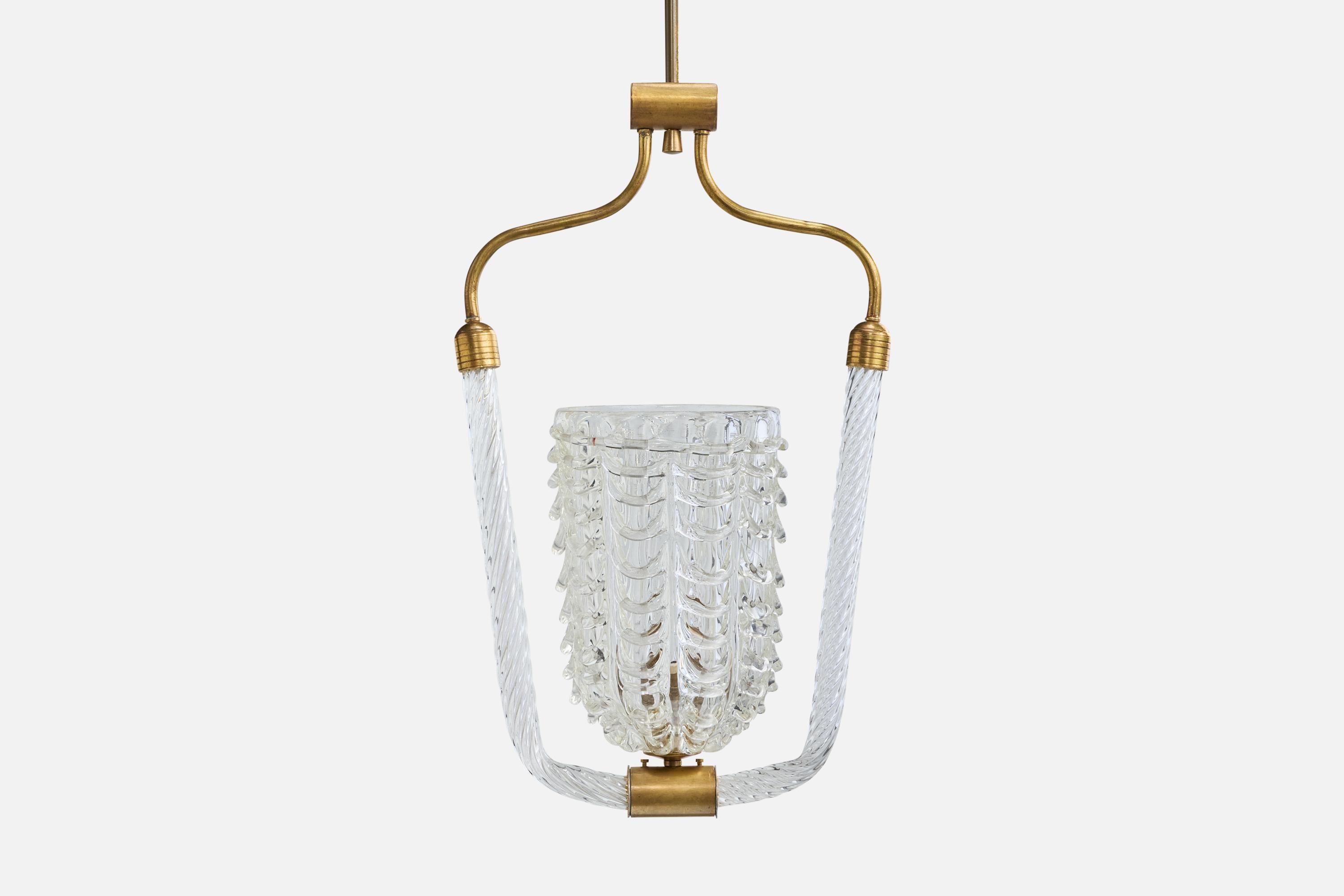 Italiano Designer italiano, lampada a sospensione, vetro, ottone, Italia, anni '40 in vendita