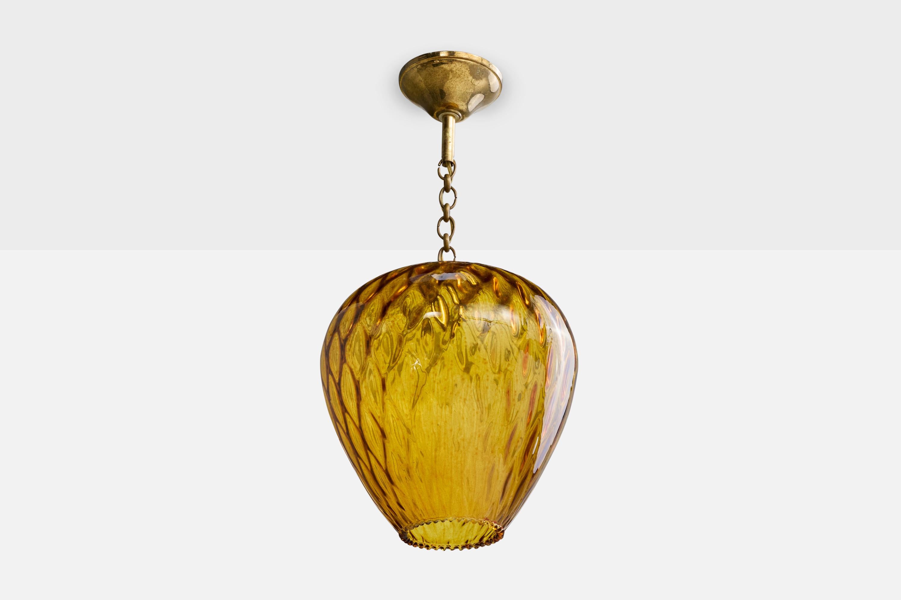 A yellow-colored Murano glass and brass pendant light designed and produced in Italy, c. 1950s.

Overall Dimensions (inches): 17.5