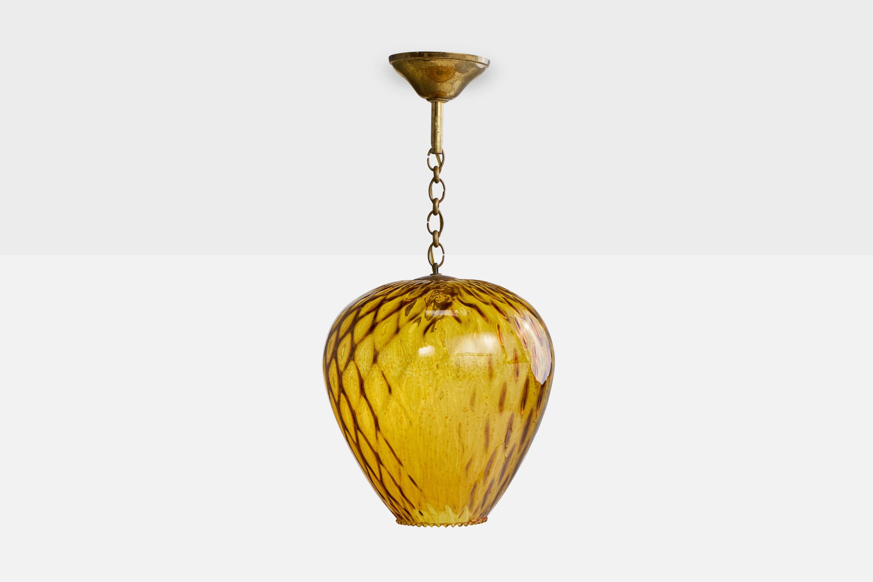 Mid-Century Modern Italian Designer, Pendant Light, Glass, Brass, Italy, 1950s For Sale