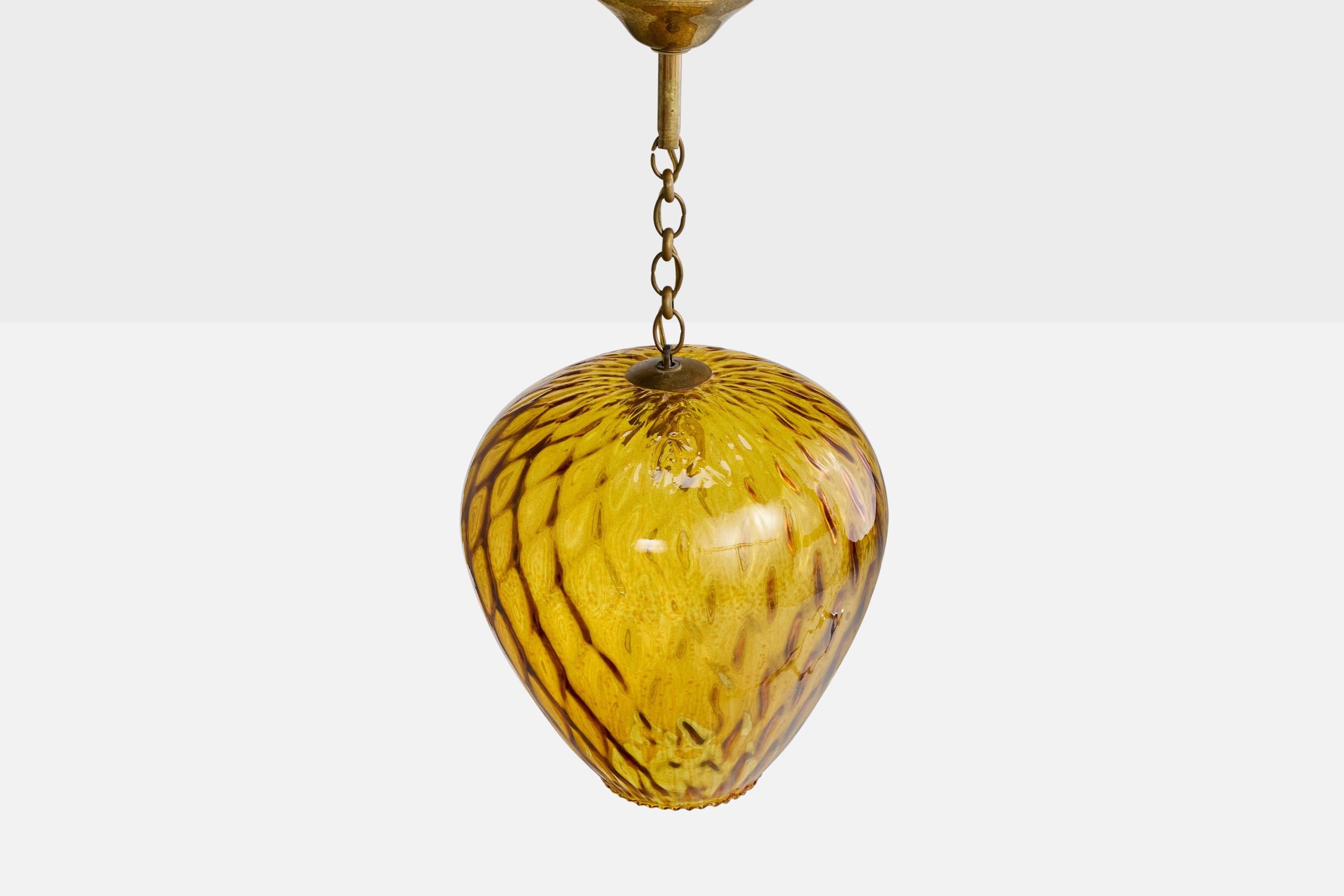 Italian Designer, Pendant Light, Glass, Brass, Italy, 1950s In Good Condition For Sale In High Point, NC