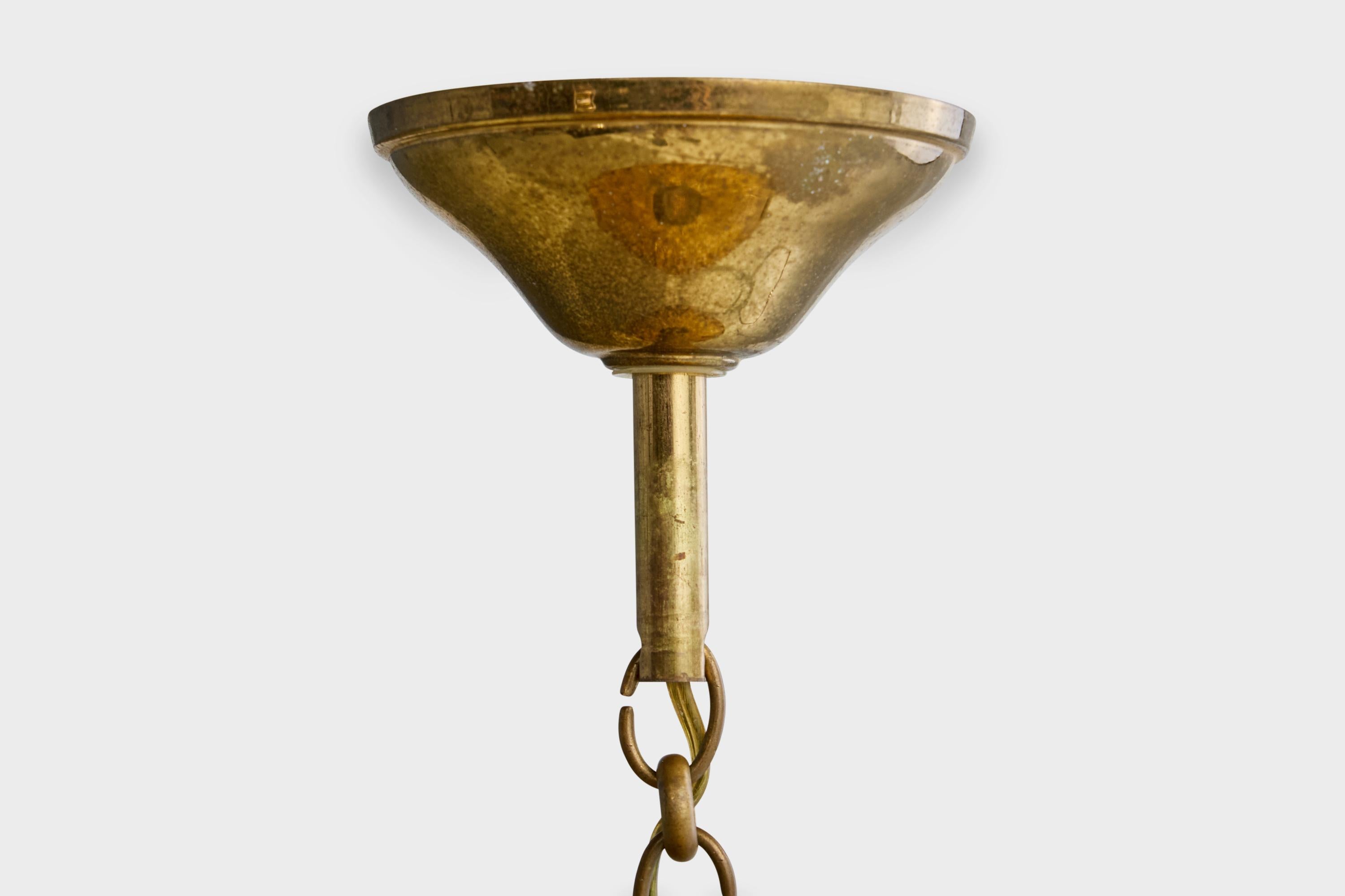 Italian Designer, Pendant Light, Glass, Brass, Italy, 1950s For Sale 4