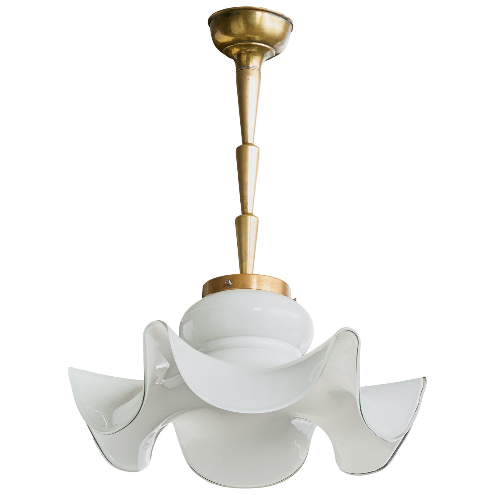 Italian Designer, Pendant Light, Glass, Brass, Italy, 1970s in vendita