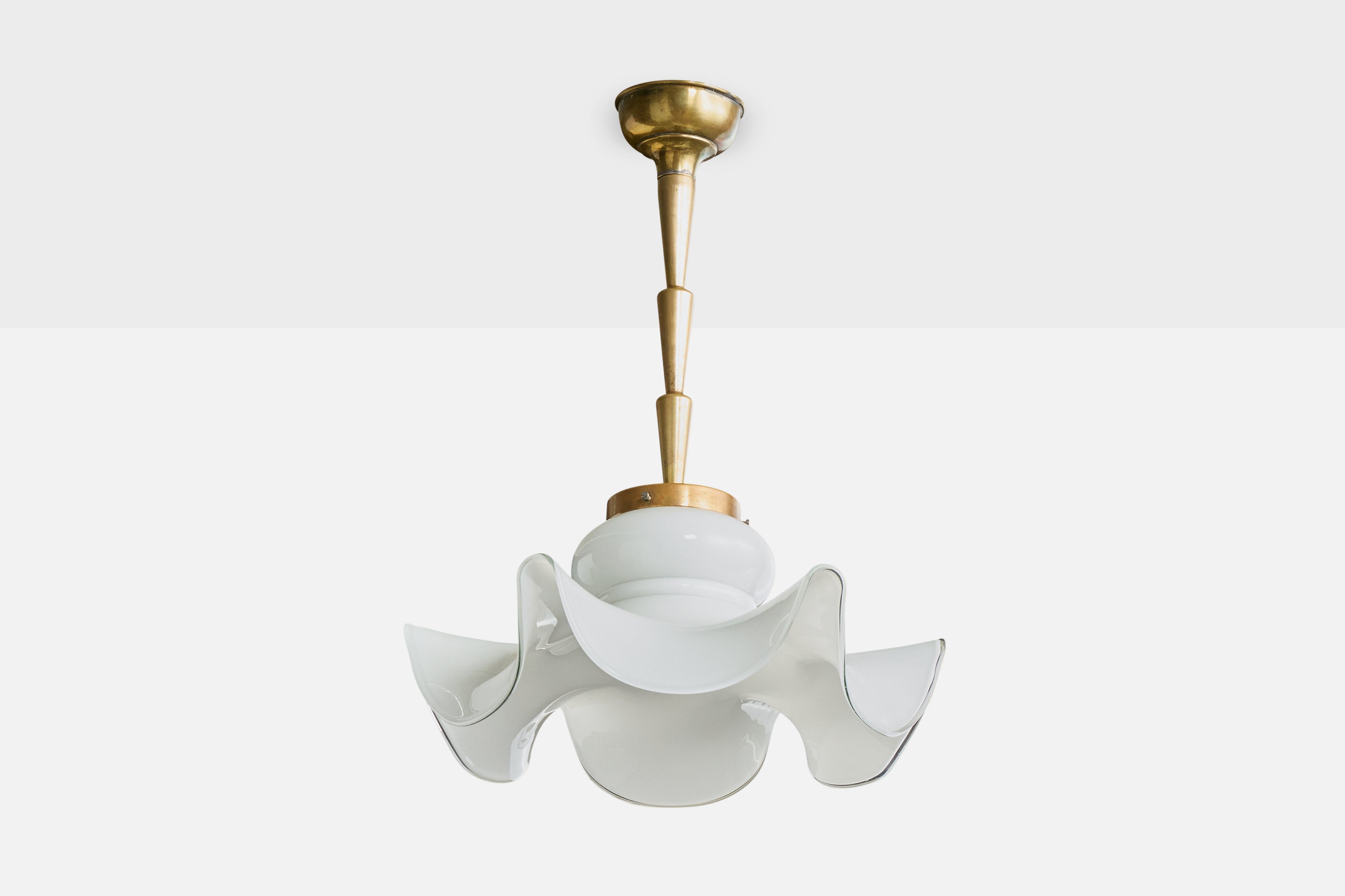 Italian Designer, Pendant Light, Glass, Brass, Italy, 1970s