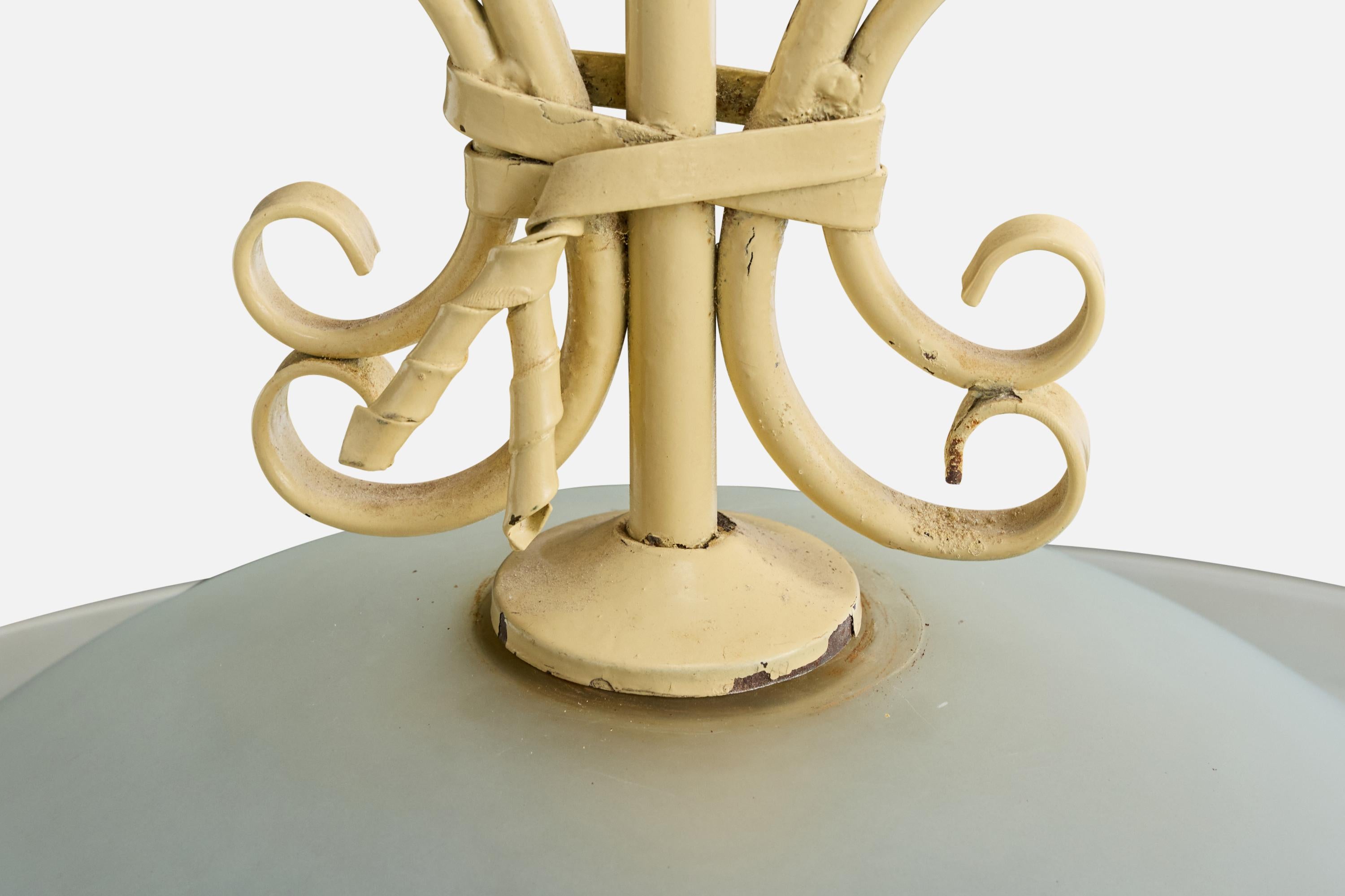 Italienischer Designer, Pendelleuchte, Metall, Glas, Italien, 1940er Jahre (Mitte des 20. Jahrhunderts) im Angebot