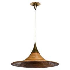 Italienischer Designer, Pendelleuchte, Rattan, Messing, Italien, 1970er
