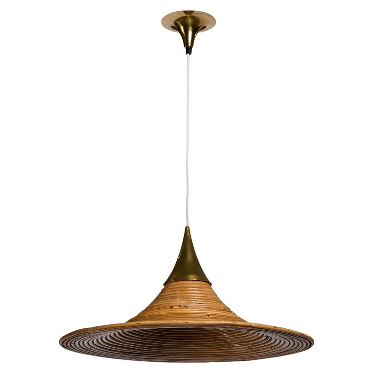 Italian Designer, Pendant Light, Rattan, Brass, Italy, 1970s