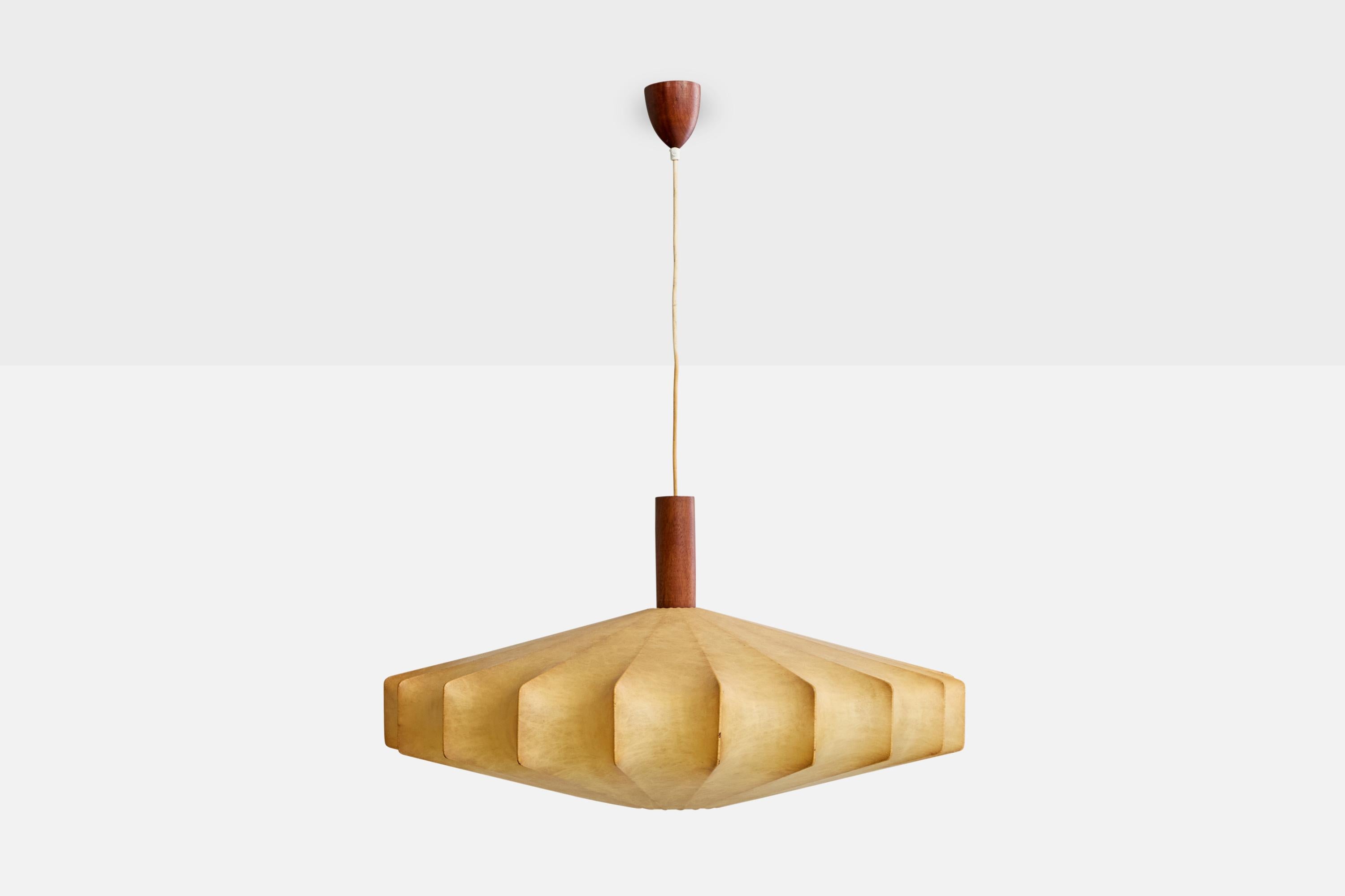 Mid-Century Modern Italian Designer, Pendant Light, Teak, Resin, Italy, 1960s For Sale
