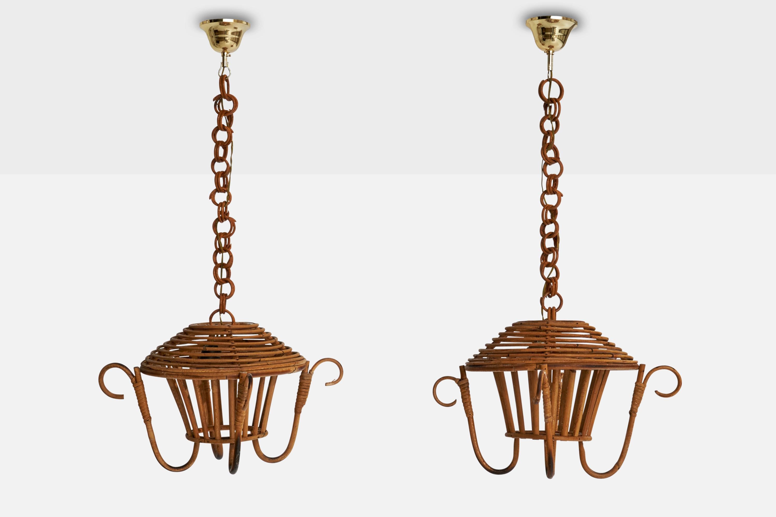 Italienischer Designer, Pendelleuchten, Bambus, Rattan, Messing, Italien, 1980er (Ende des 20. Jahrhunderts) im Angebot