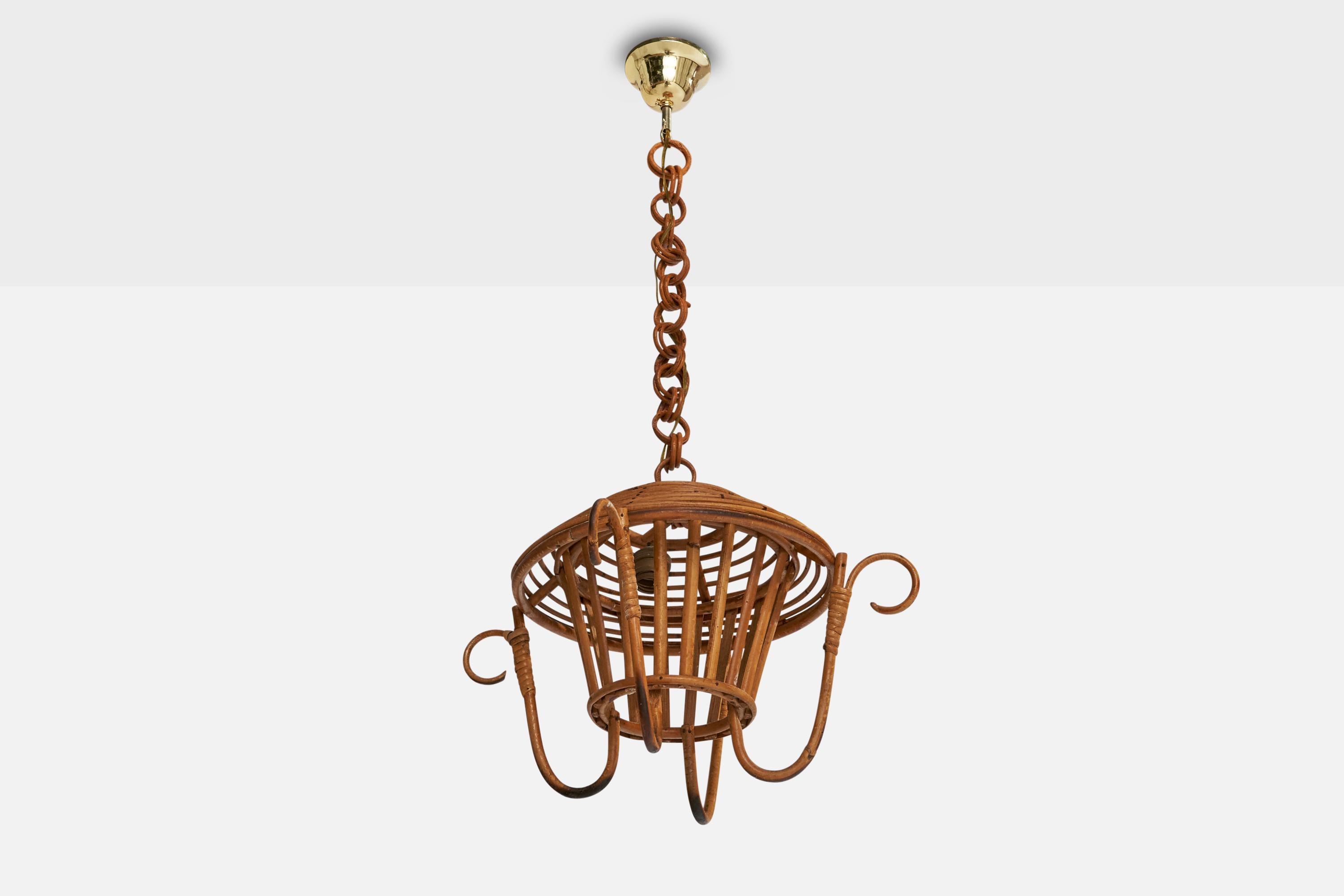 Italienischer Designer, Pendelleuchten, Bambus, Rattan, Messing, Italien, 1980er im Angebot 1
