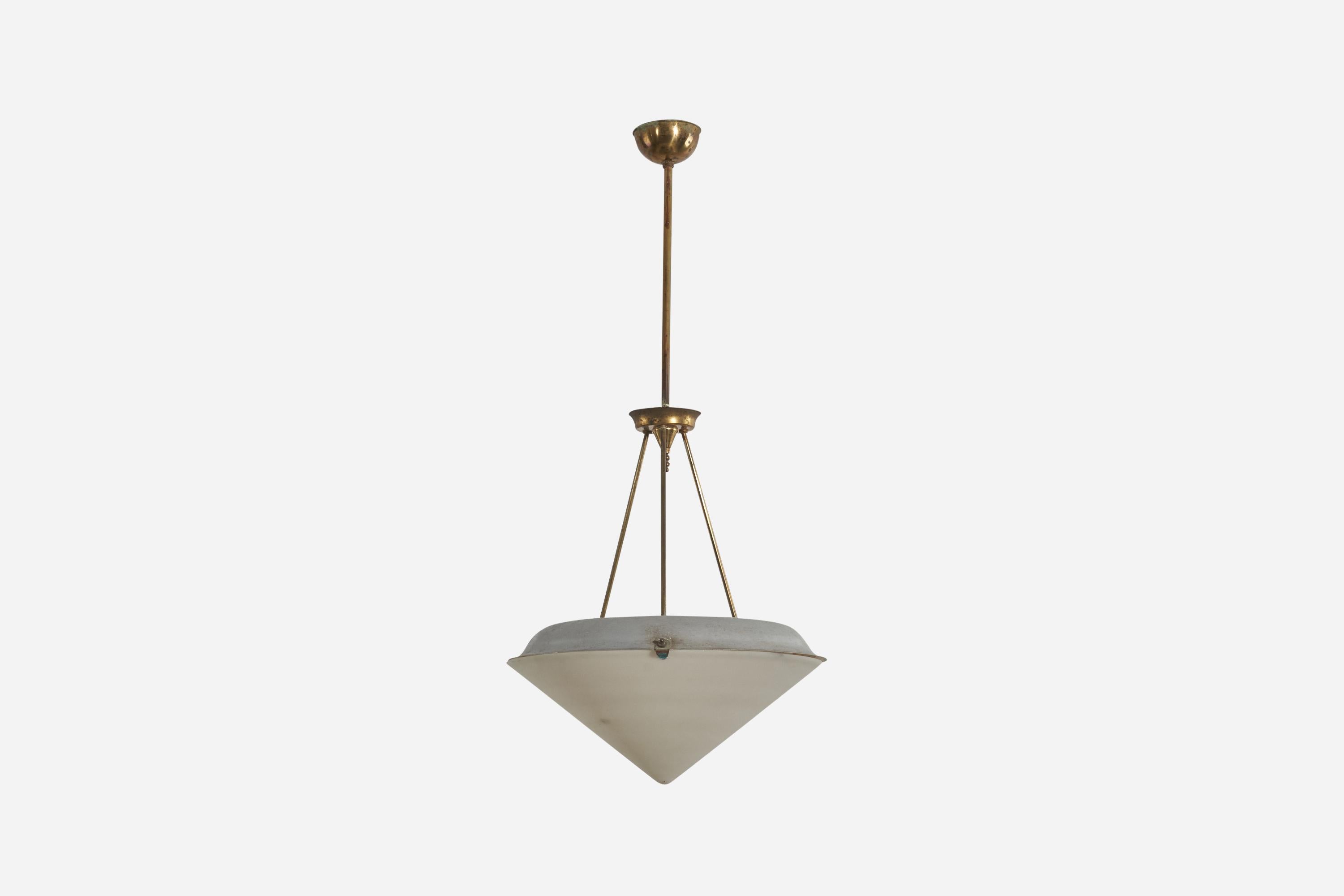 A pair of brass, galvanized steel and glass pendant lights designed and produced by an Italian designer, Italy, 1940s.

Dimensions of Canopy (inches): 1.86 x 4.10 x 4.10 (Height x Width x Depth).

Socket takes standard E-26 medium base