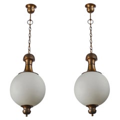Italian Designer, Pendant Lights, Brass, Glass, Italy, 1950s