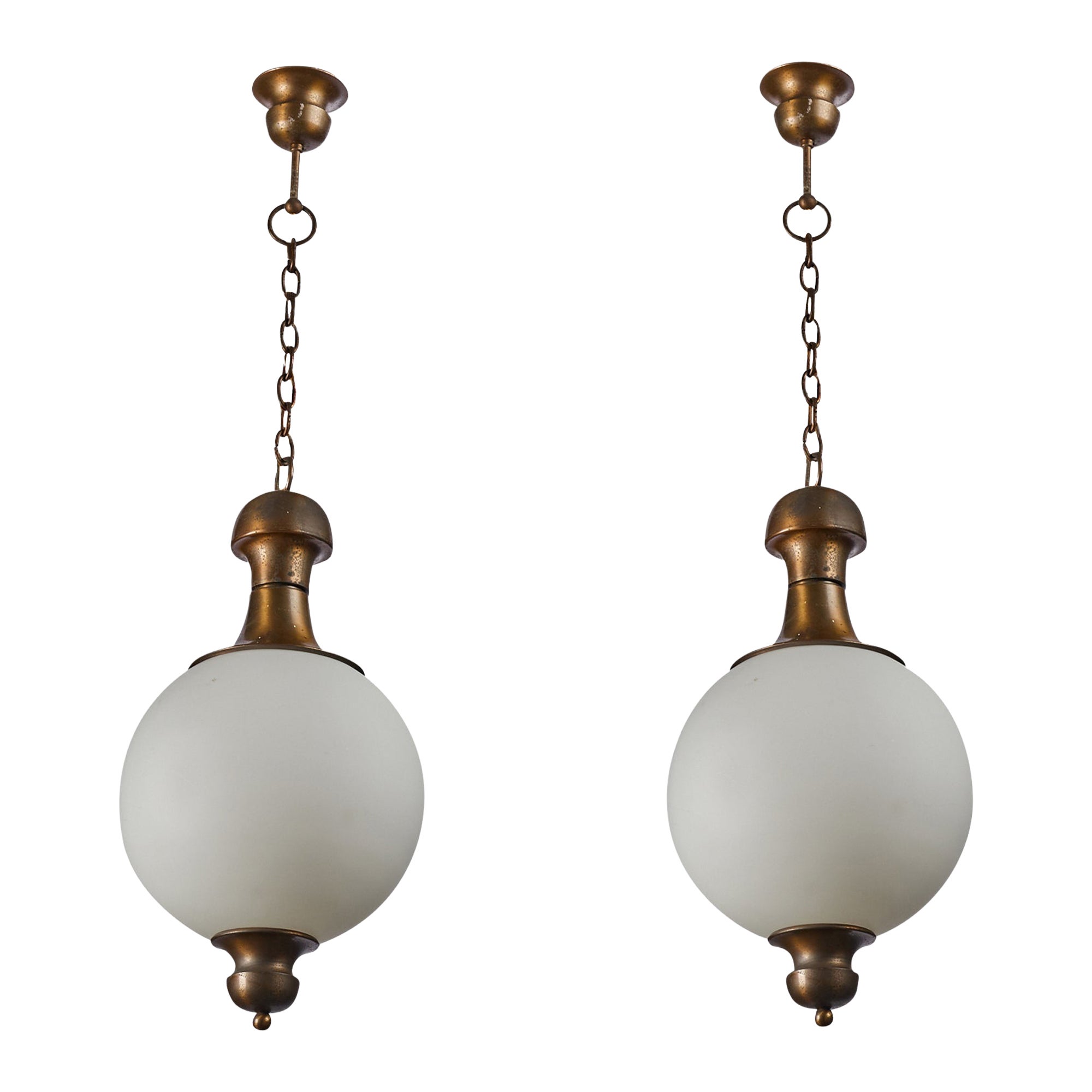 Italian Designer, Pendant Lights, Brass, Glass, Italy, 1950s For Sale