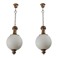 Designer italiano, lampade a sospensione, ottone, vetro, Italia, anni '50