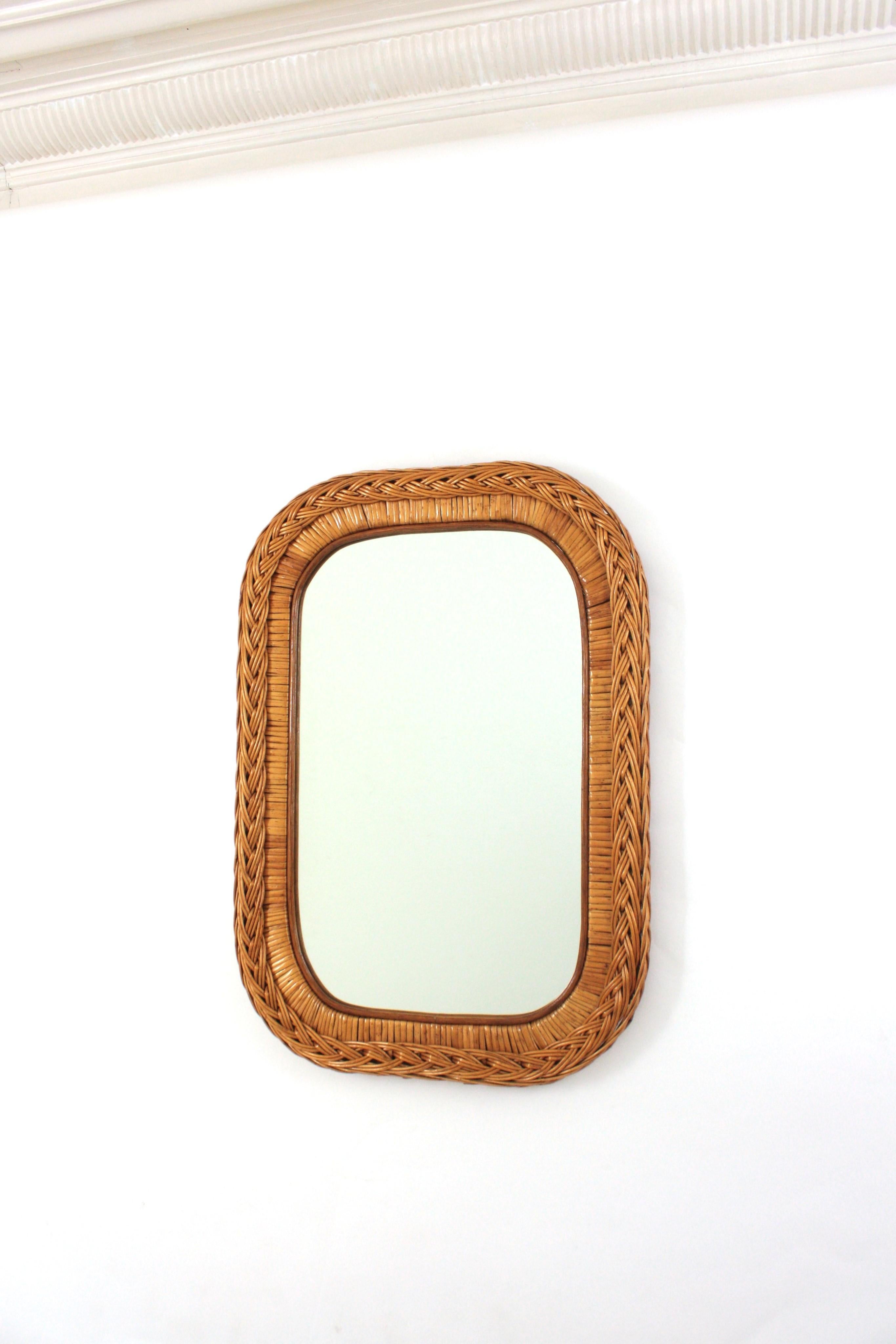 Italian Designer Rectangular Mirror, Rattan, Woven Wicker, Italy 1960s For Sale 4