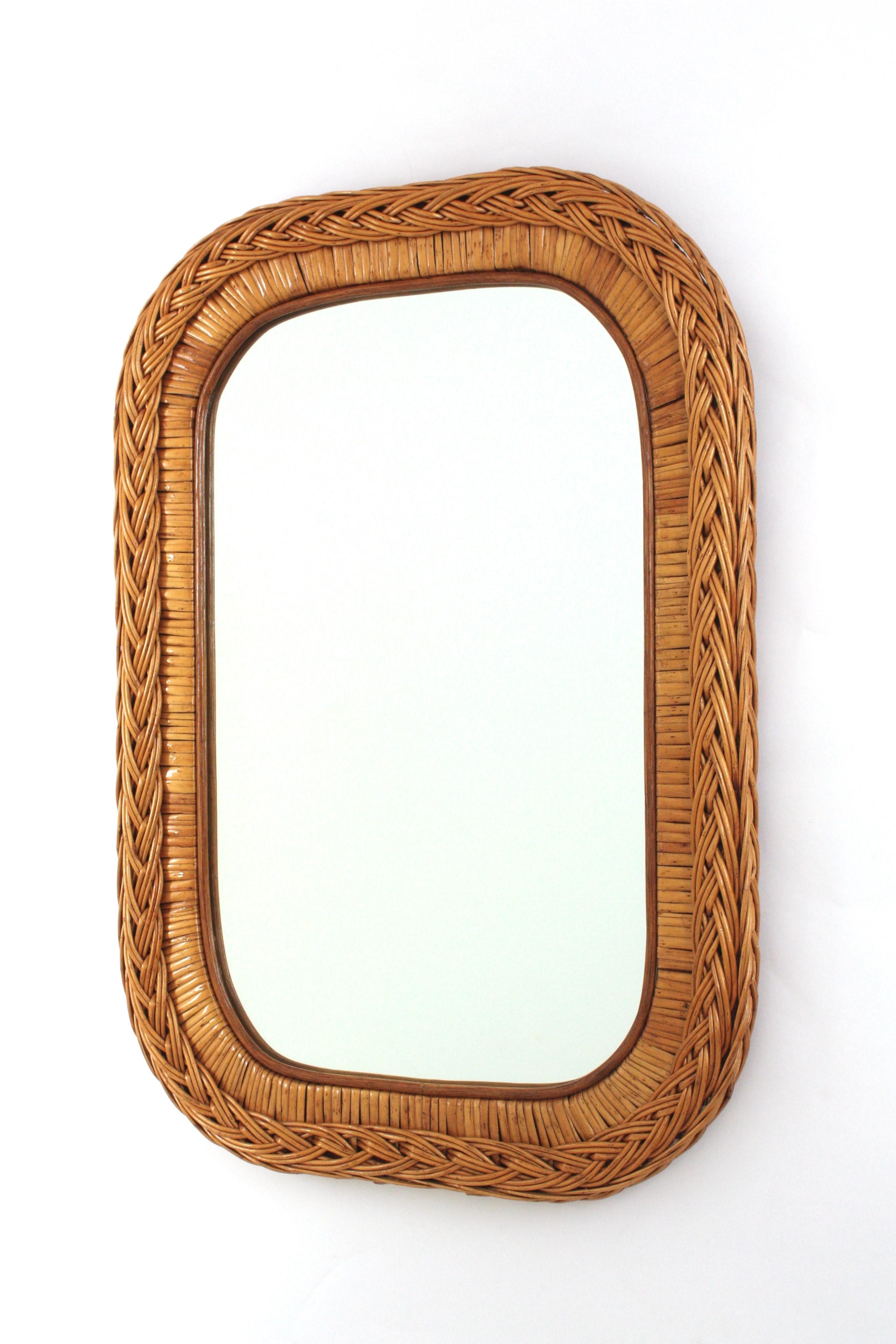 Italian Designer Rectangular Mirror, Rattan, Woven Wicker, Italy 1960s For Sale 5