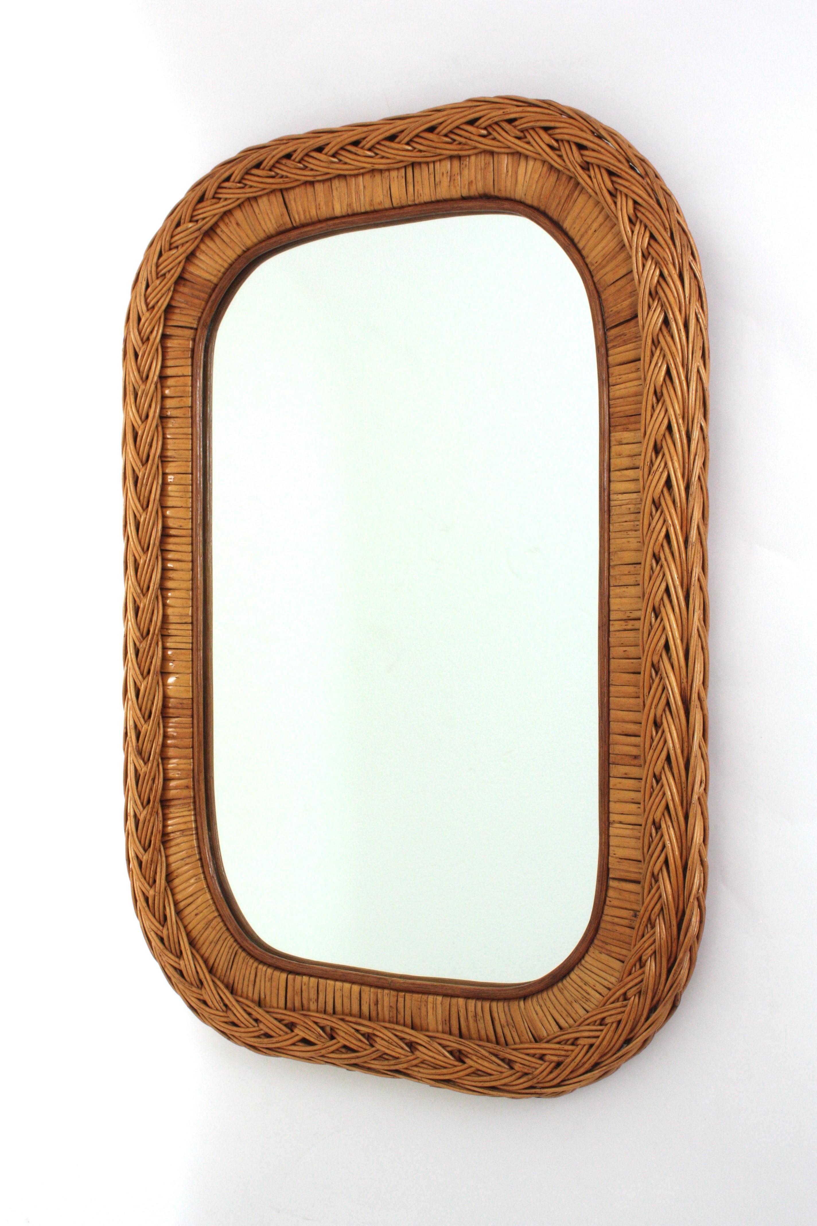 Italian Designer Rectangular Mirror, Rattan, Woven Wicker, Italy 1960s For Sale 6