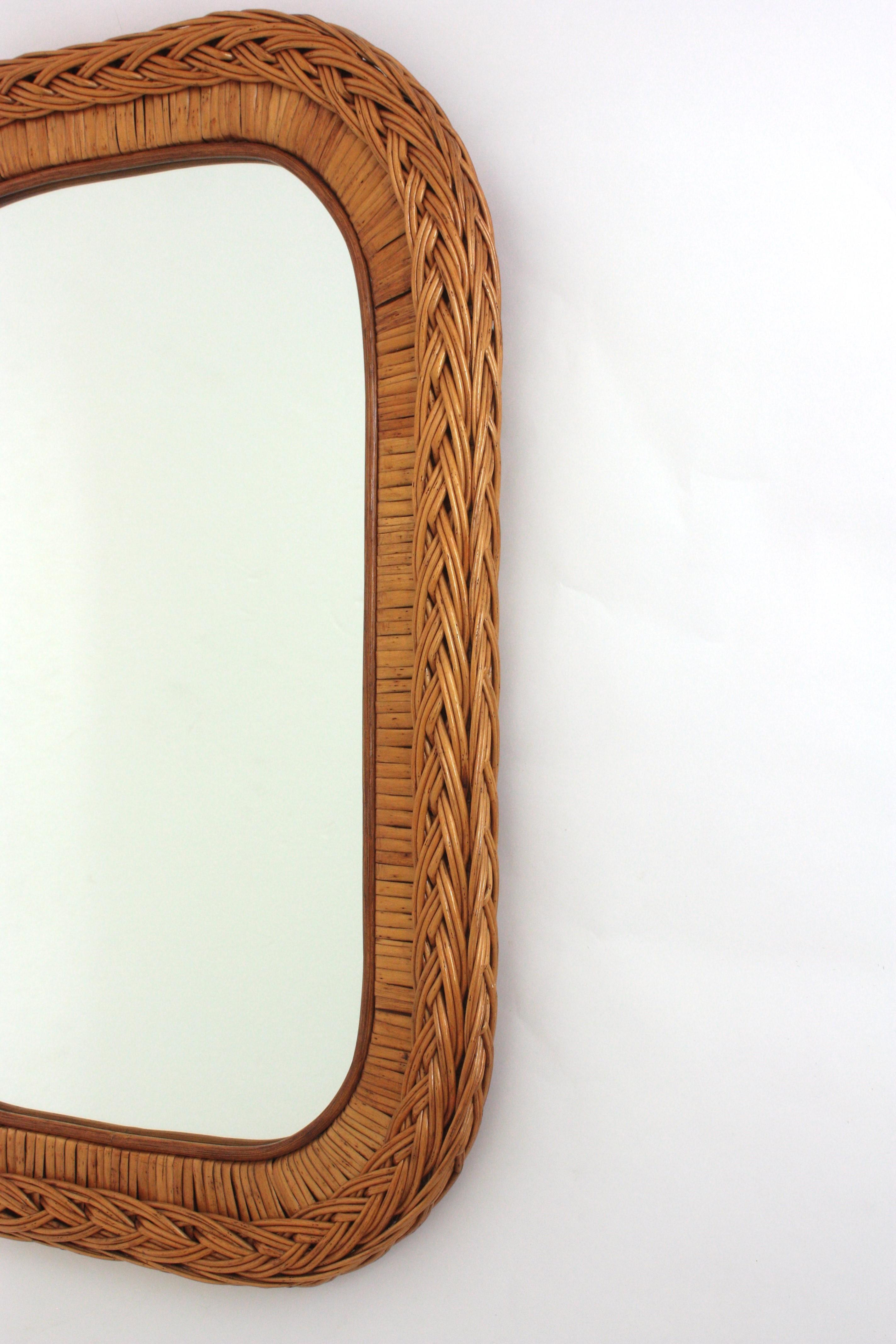 Italian Designer Rectangular Mirror, Rattan, Woven Wicker, Italy 1960s For Sale 7