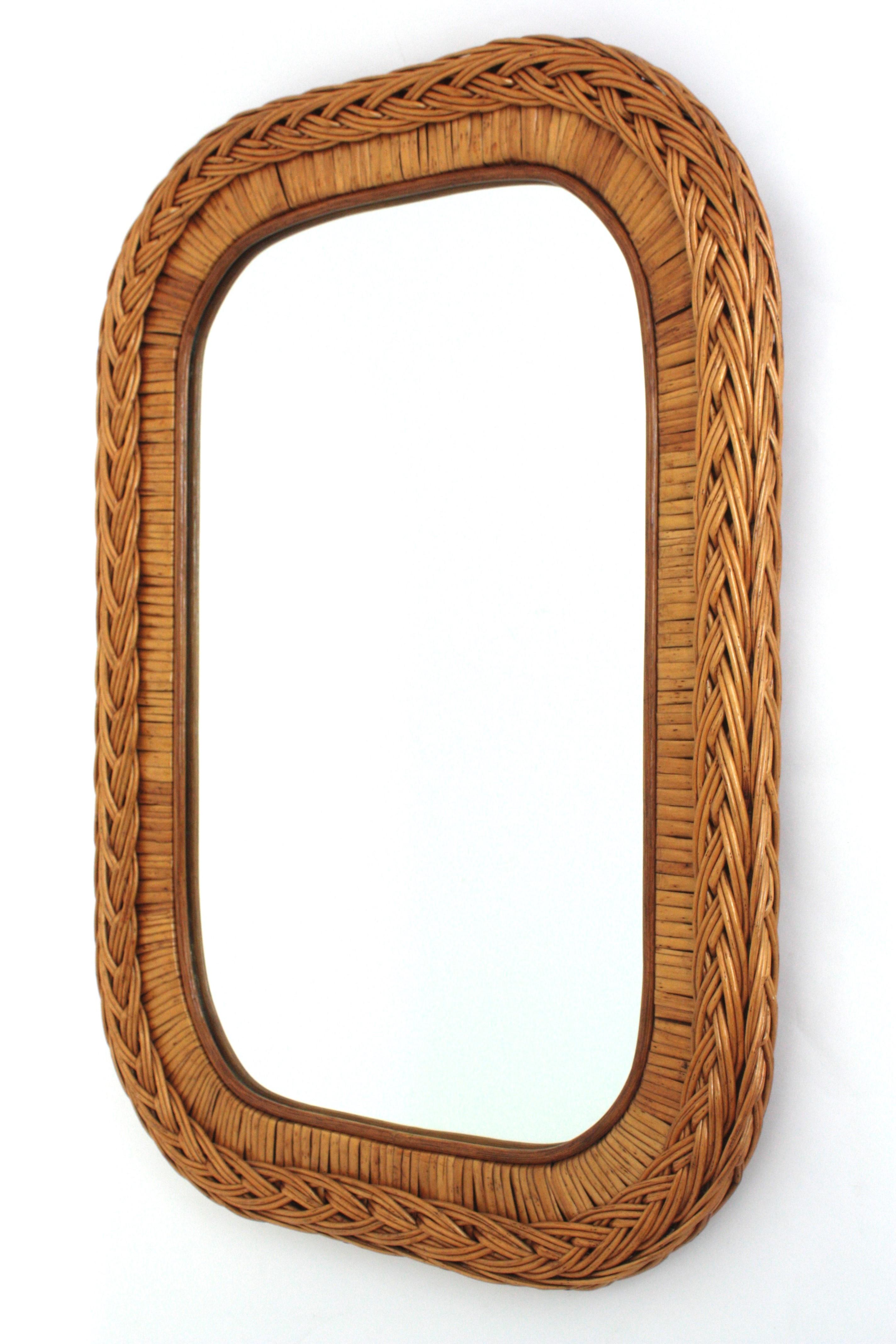 Italian Designer Rectangular Mirror, Rattan, Woven Wicker, Italy 1960s For Sale 8