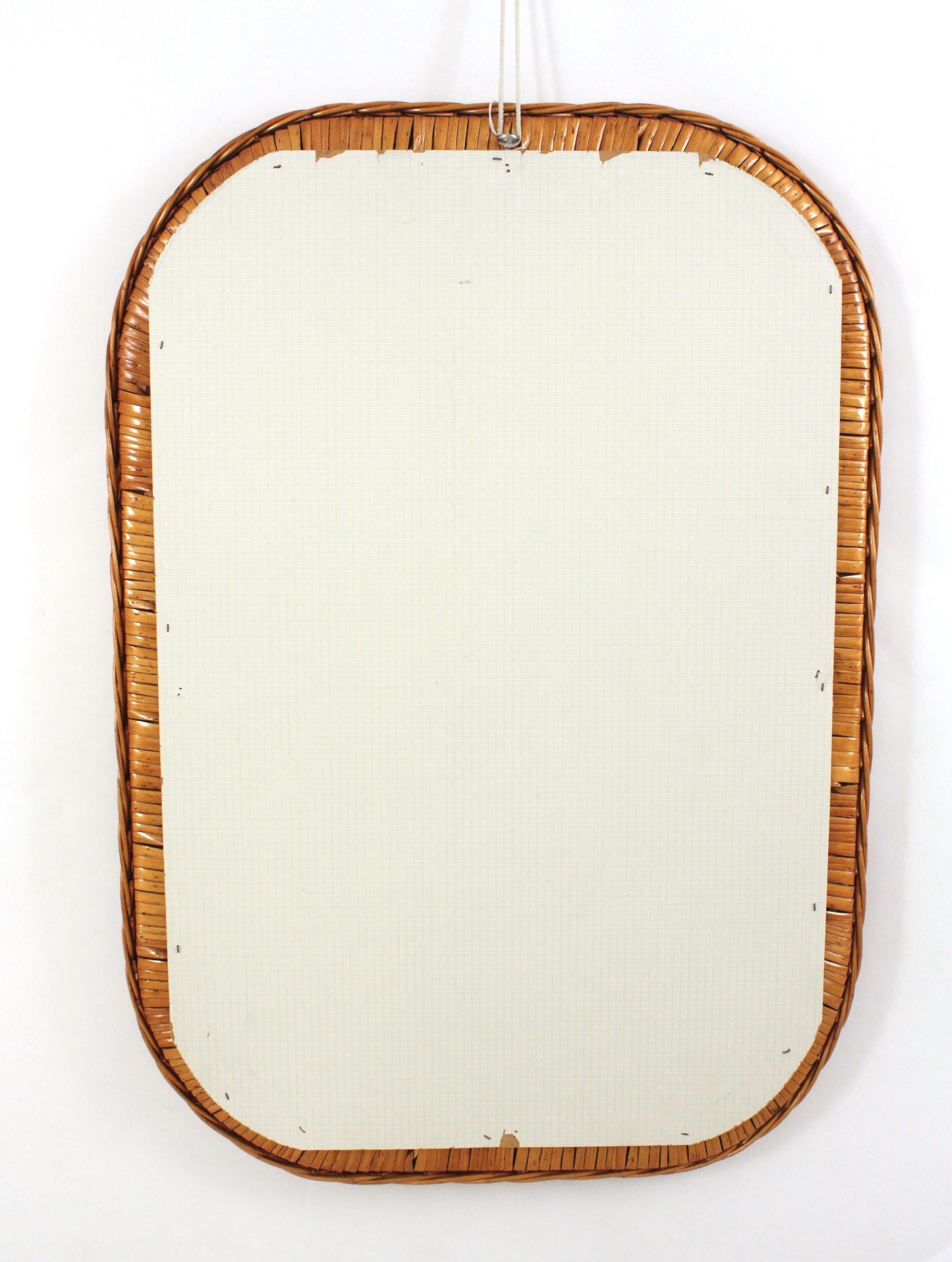 Italian Designer Rectangular Mirror, Rattan, Woven Wicker, Italy 1960s For Sale 9