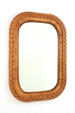 Italian Designer Rectangular Mirror, Rattan, Woven Wicker, Italy 1960s