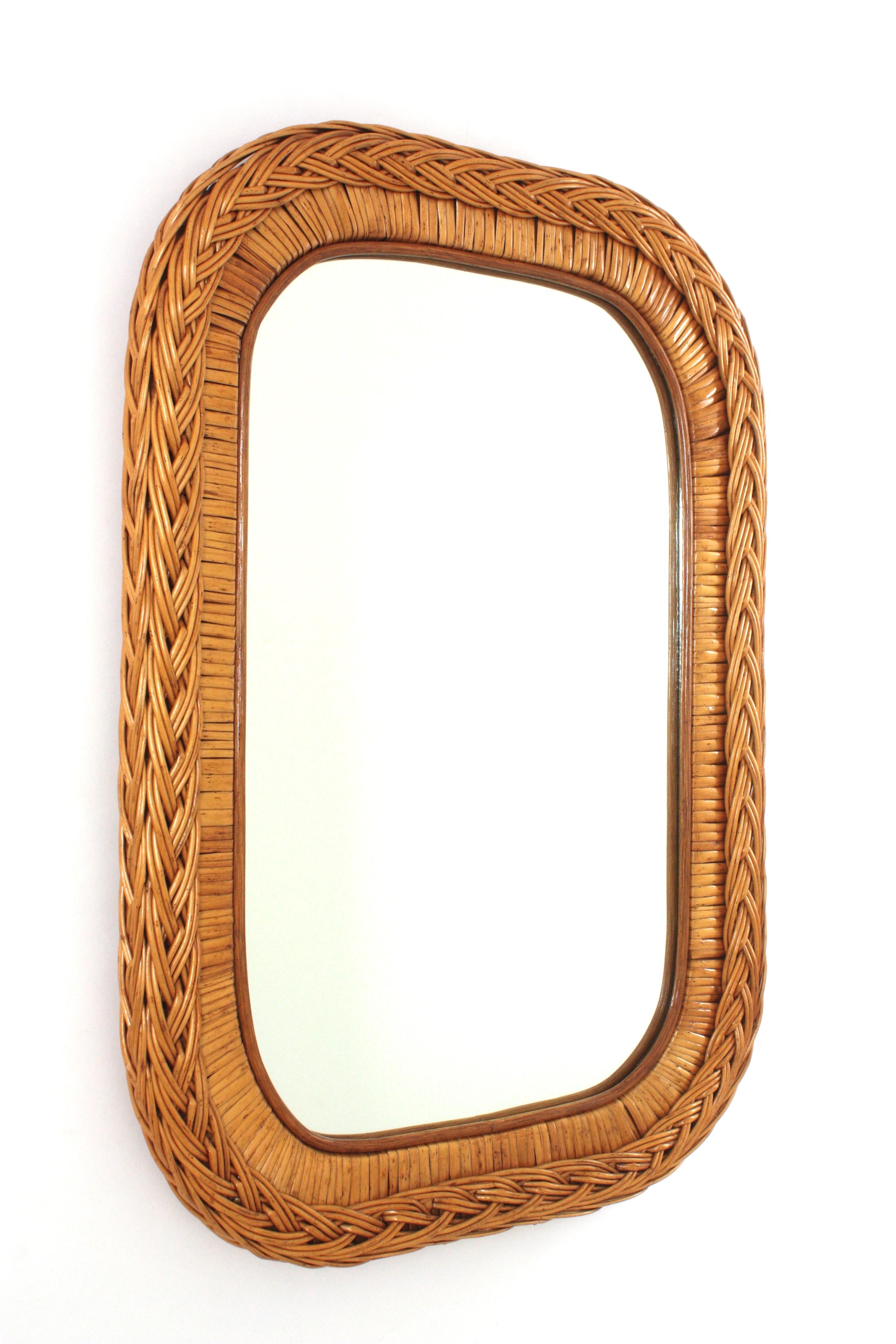 Mid-Century Modern Italian Designer Rectangular Mirror, Rattan, Woven Wicker, Italy 1960s For Sale