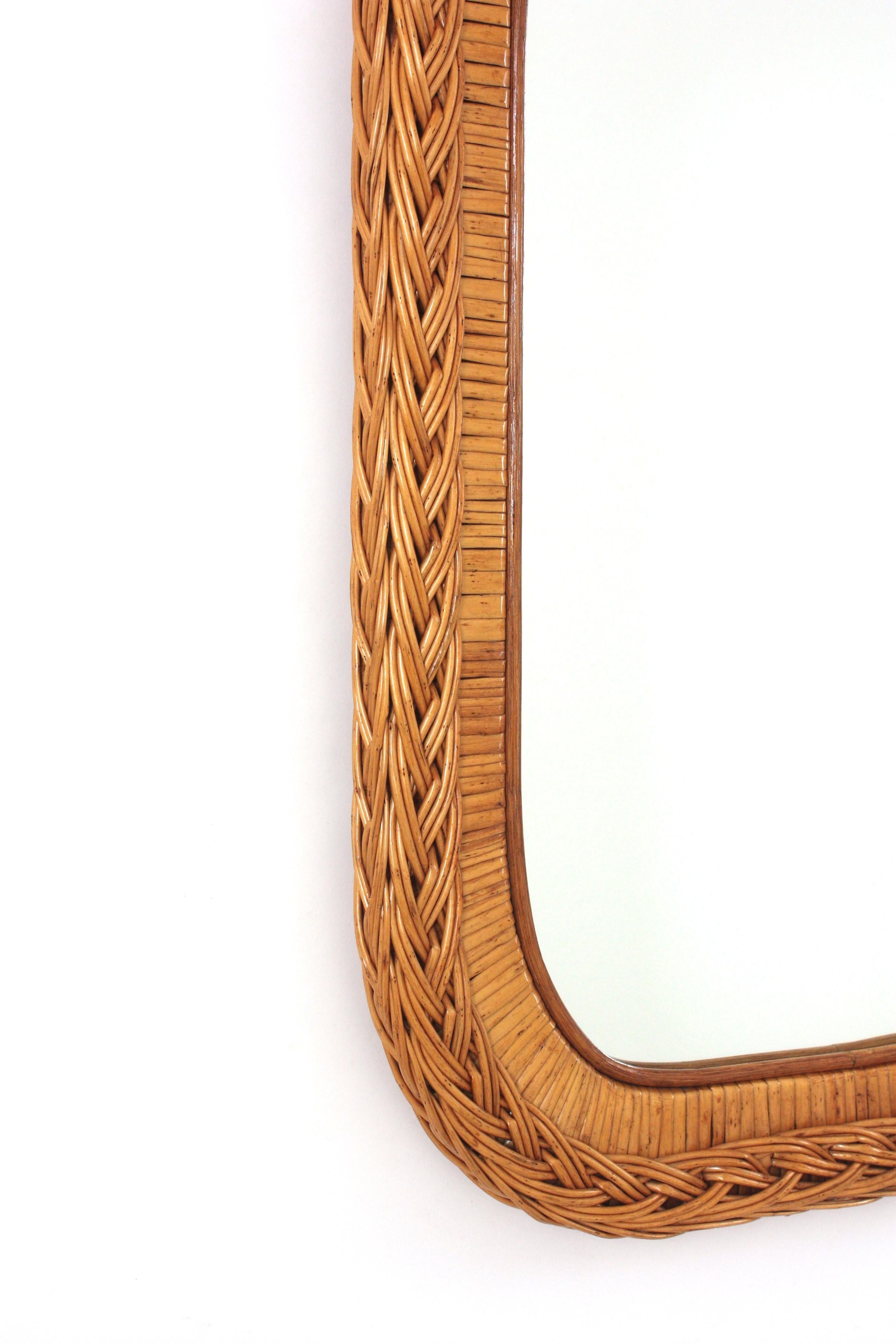 Hand-Crafted Italian Designer Rectangular Mirror, Rattan, Woven Wicker, Italy 1960s For Sale