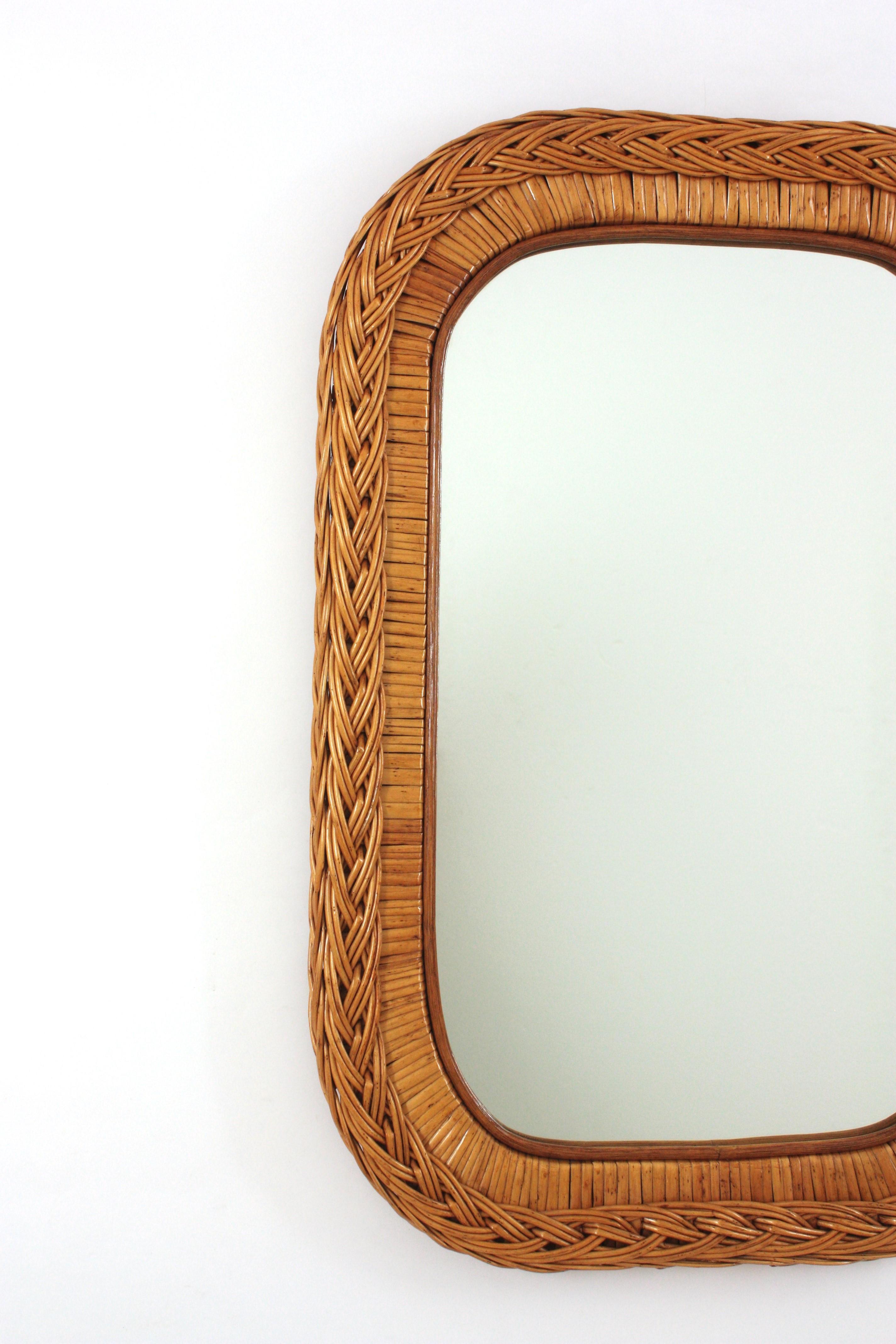 20th Century Italian Designer Rectangular Mirror, Rattan, Woven Wicker, Italy 1960s For Sale