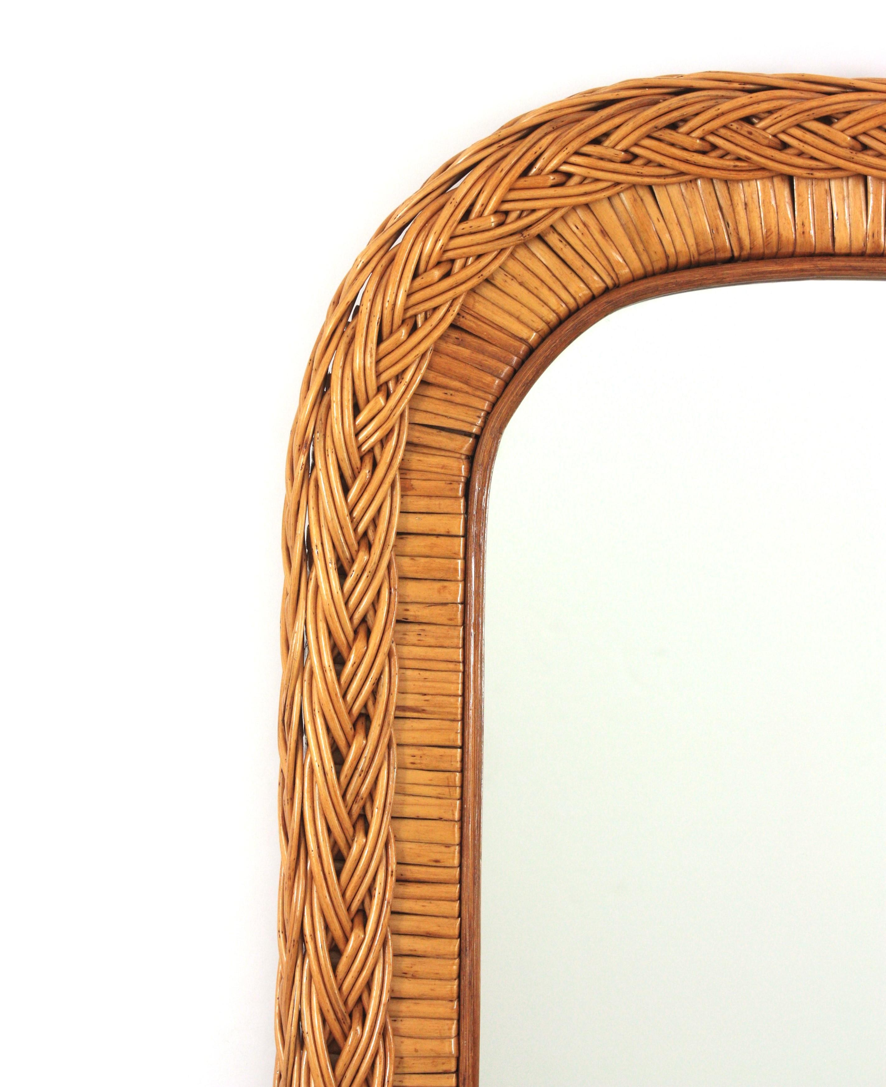 Italian Designer Rectangular Mirror, Rattan, Woven Wicker, Italy 1960s For Sale 1