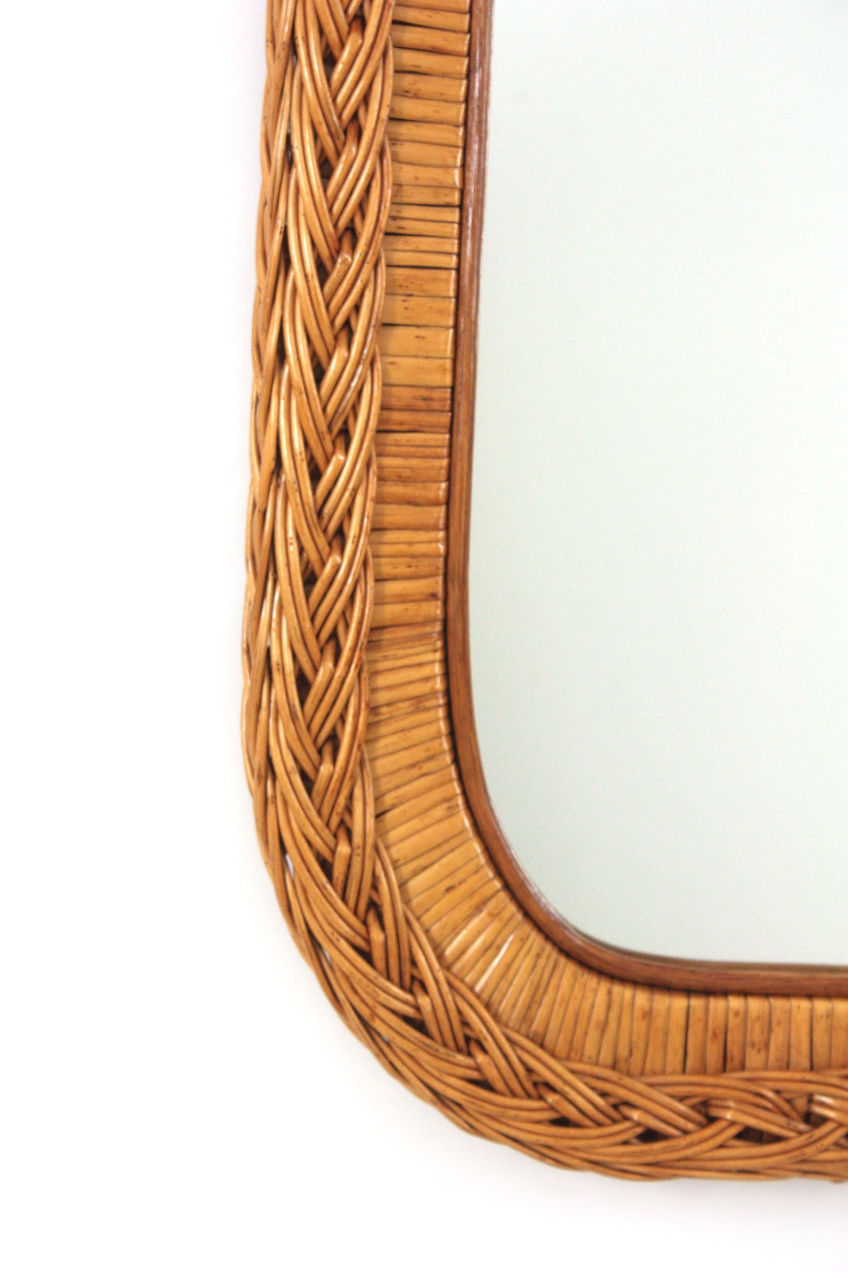 Italian Designer Rectangular Mirror, Rattan, Woven Wicker, Italy 1960s For Sale 2