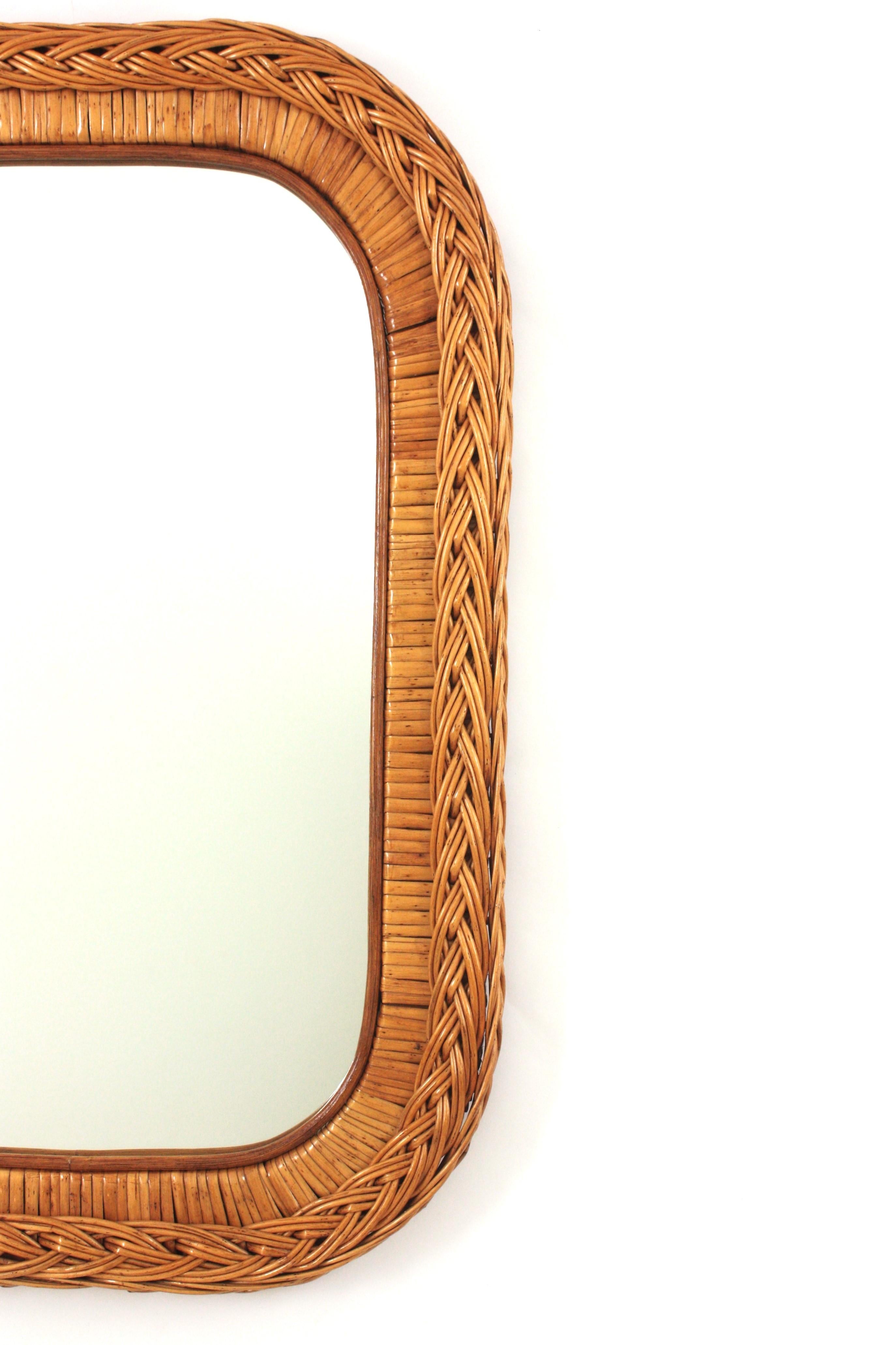 Italian Designer Rectangular Mirror, Rattan, Woven Wicker, Italy 1960s For Sale 3
