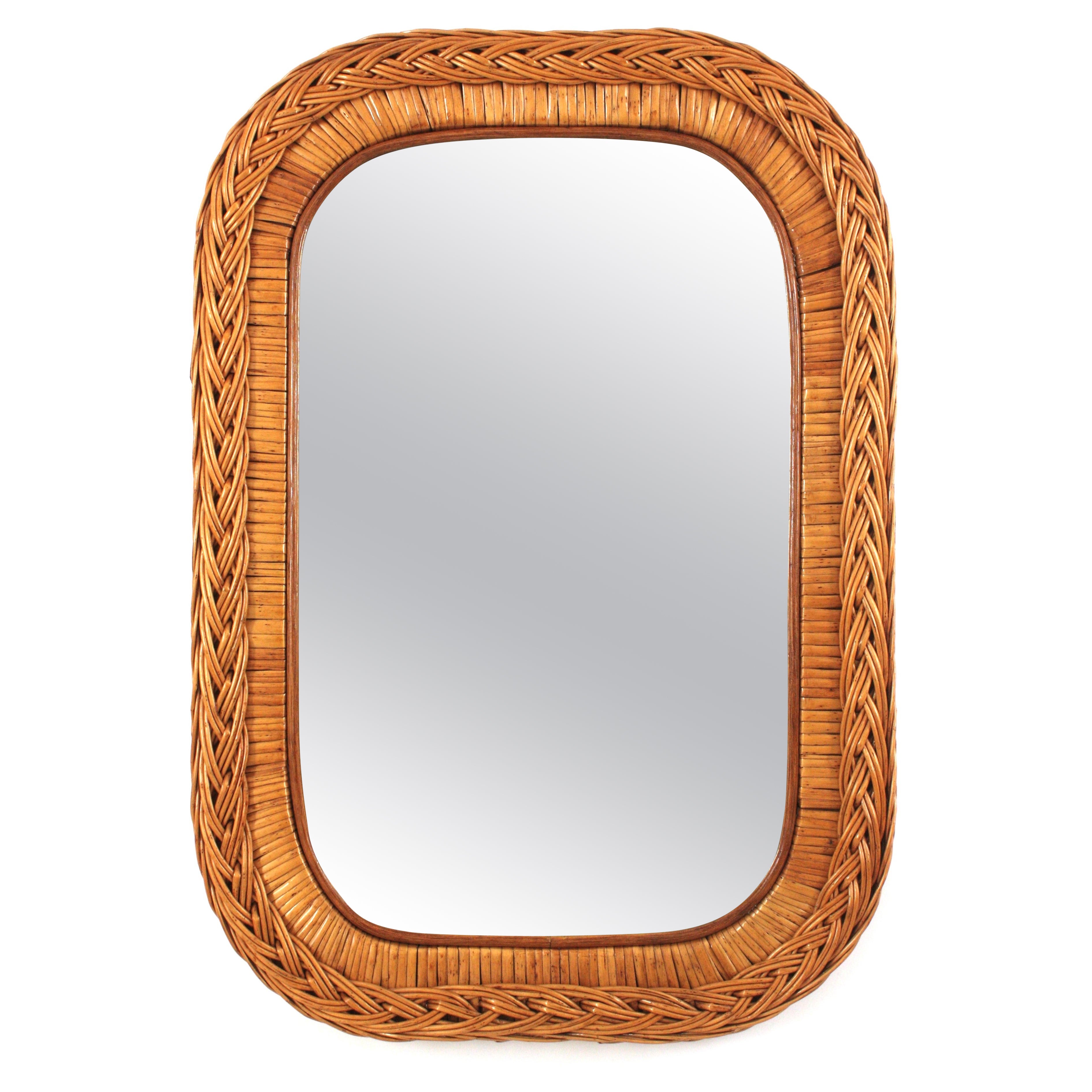 Italian Designer Rectangular Mirror, Rattan, Woven Wicker, Italy 1960s