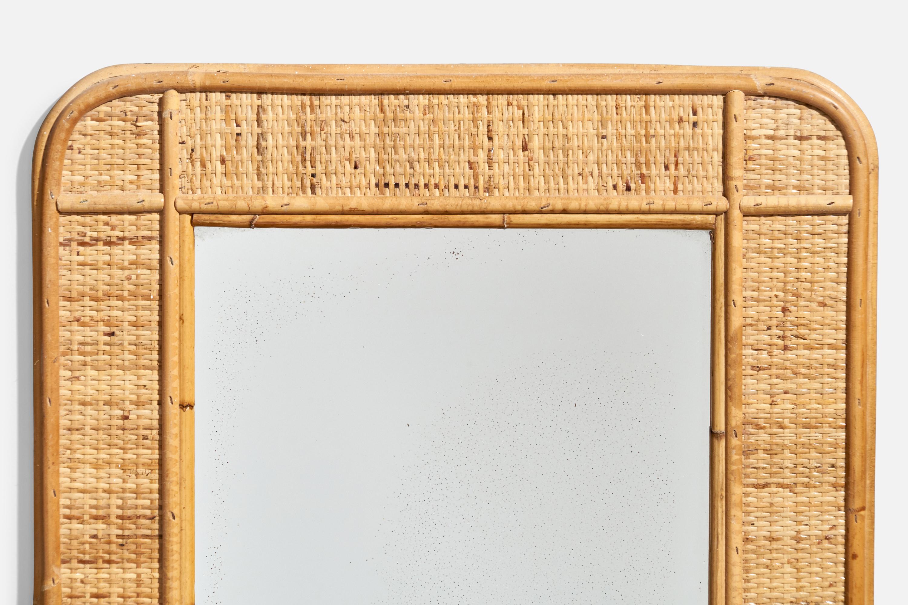 Mid-Century Modern Italian Designer, Rectangular Wall Mirror, Rattan, Mirror, Italy, C. 1950s For Sale