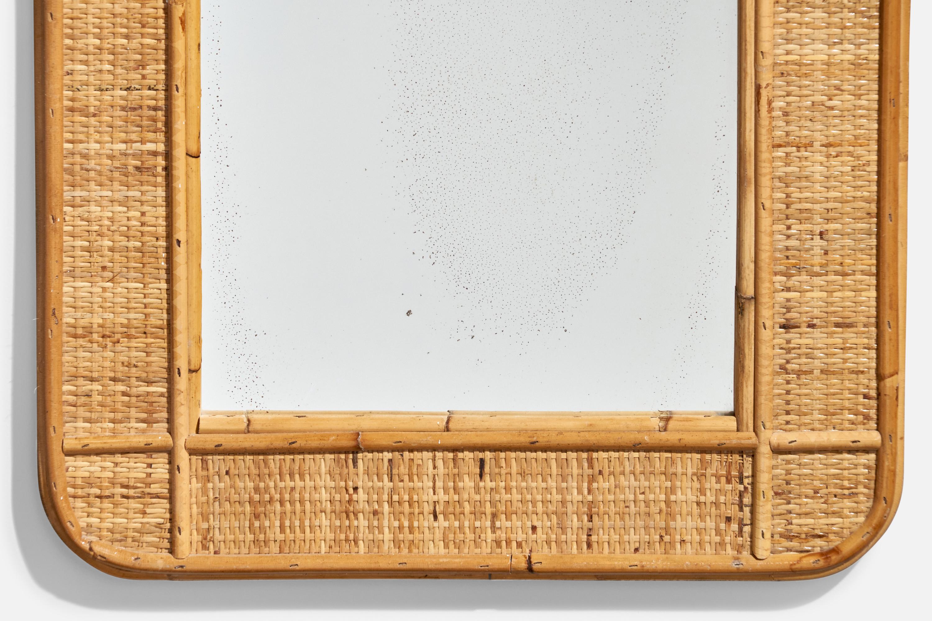 Italian Designer, Rectangular Wall Mirror, Rattan, Mirror, Italy, C. 1950s In Good Condition For Sale In High Point, NC