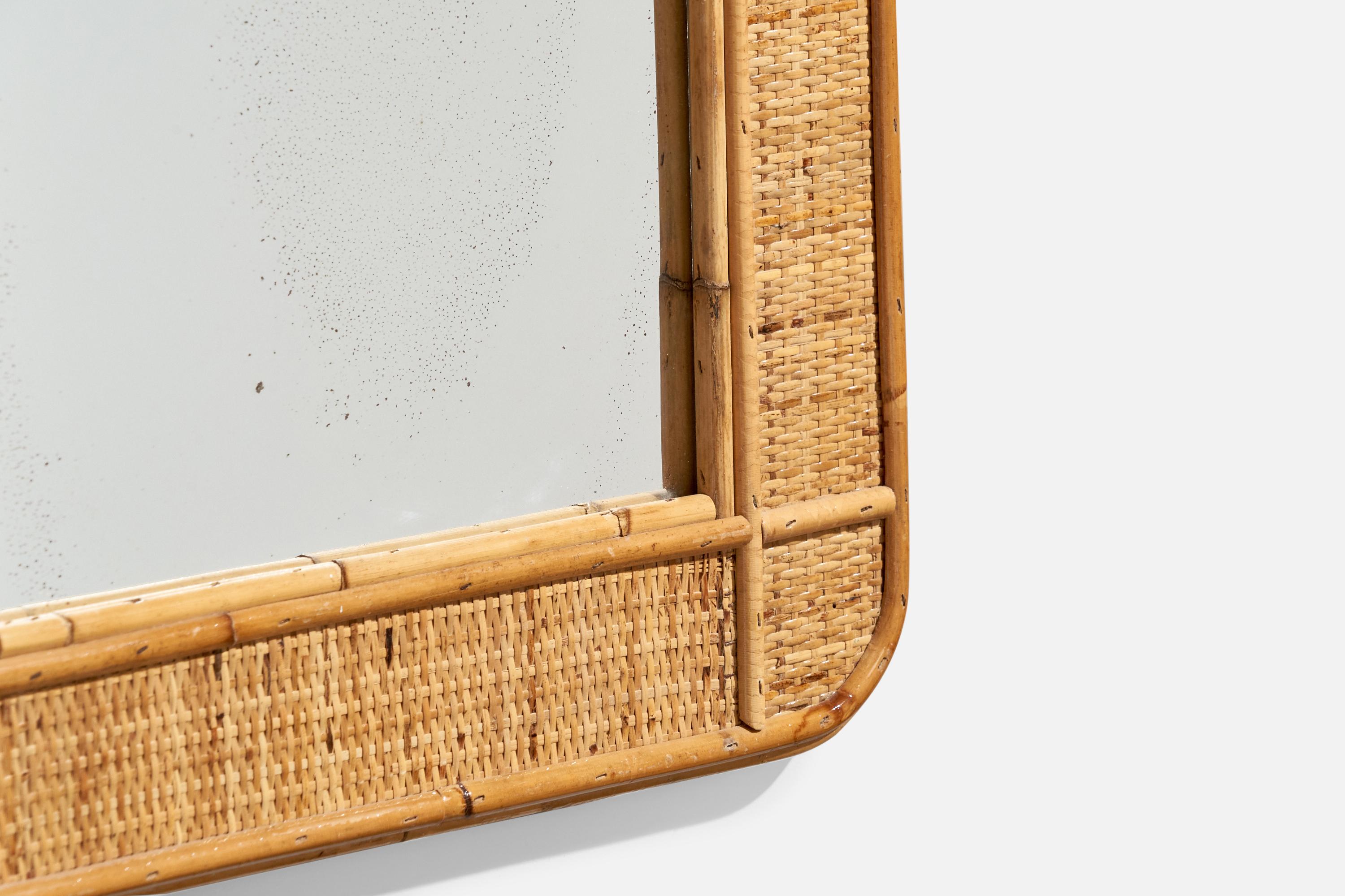 Mid-20th Century Italian Designer, Rectangular Wall Mirror, Rattan, Mirror, Italy, C. 1950s For Sale