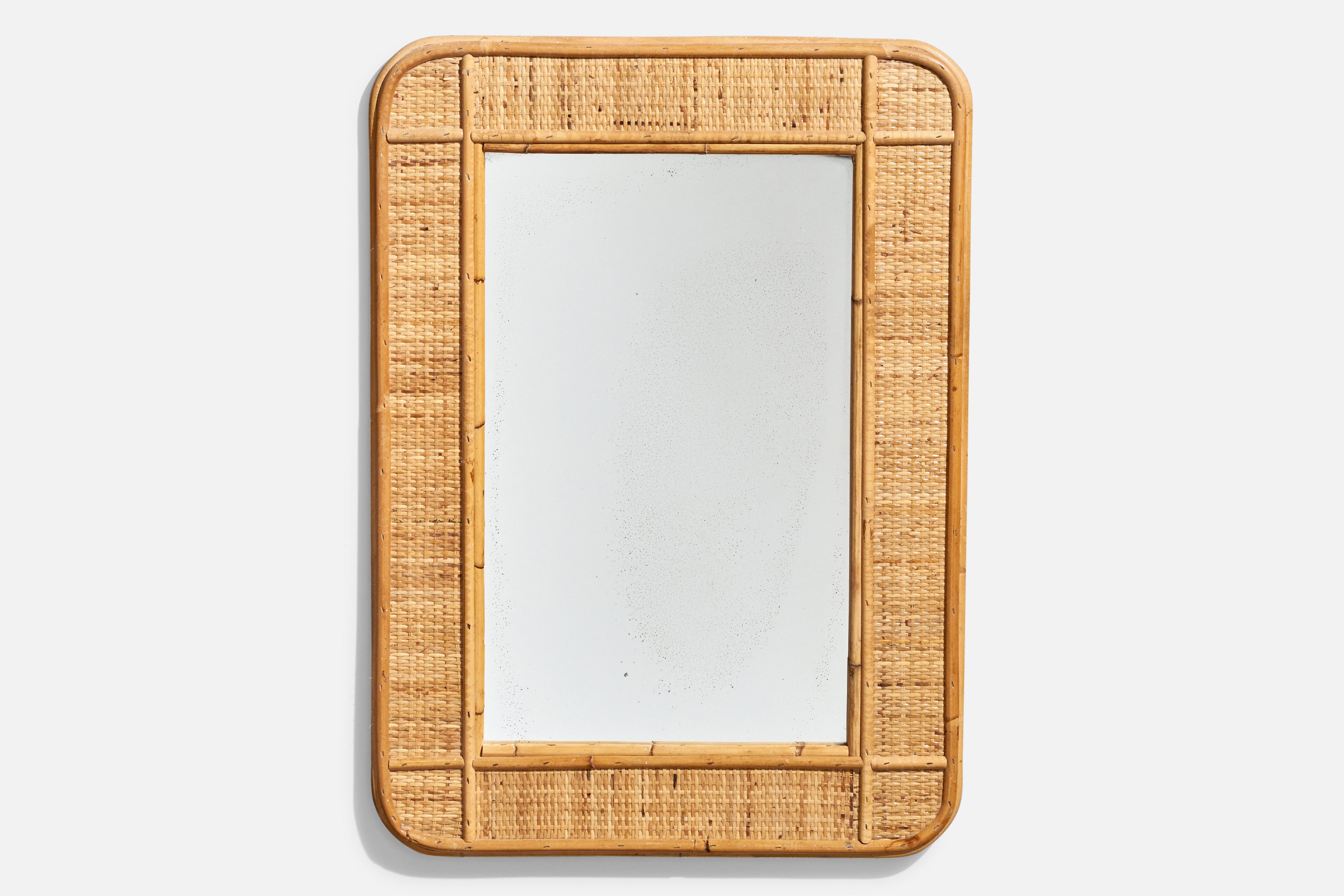 Diseñador italiano, espejo rectangular de pared, ratán, espejo, Italia, c. 1950