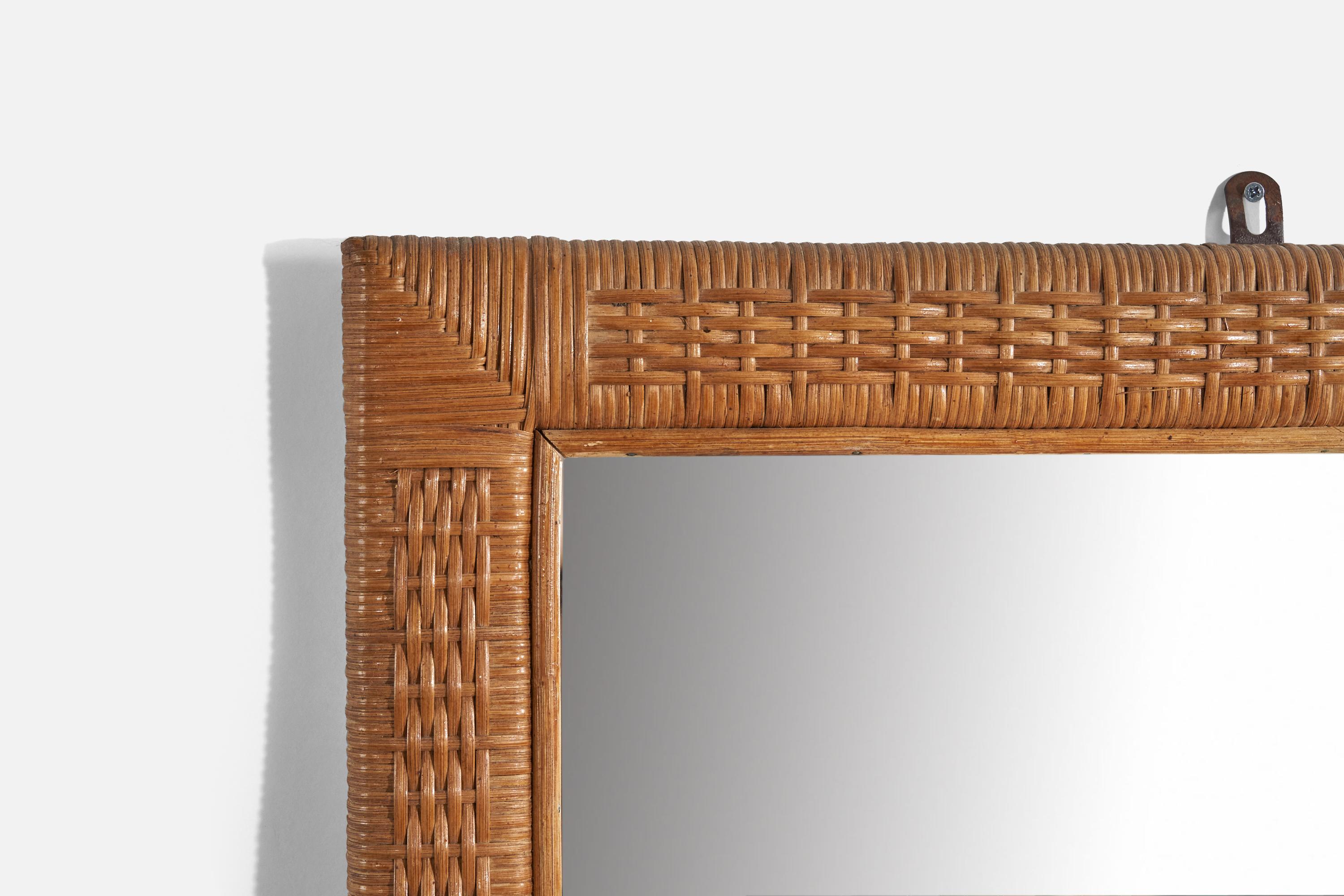Italian Designer, Rectangular Wall Mirror, Wicker, Mirror, Italy, C. 1950s In Good Condition For Sale In High Point, NC