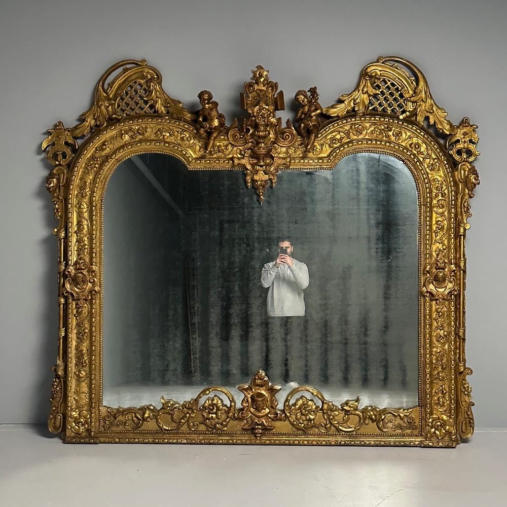 19th Century Italian Designer, Renaissance, Large Wall Mirror, Oil Gilded, Carved Wood, 1890s For Sale