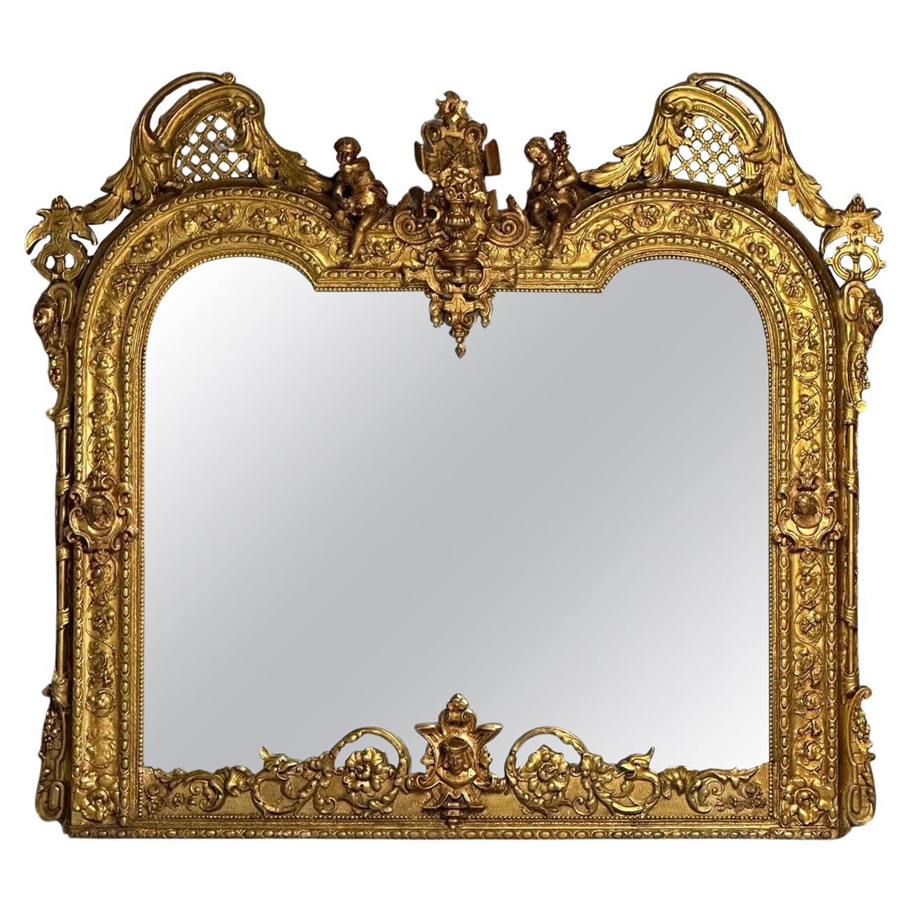 Italian Designer, Renaissance, Large Wall Mirror, Oil Gilded, Carved Wood, 1890s