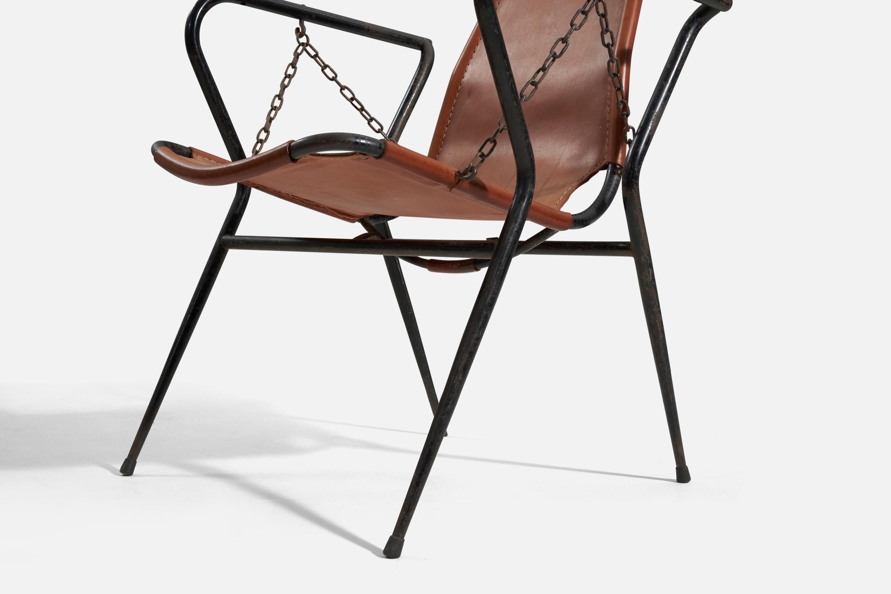 Italian Designer, Rocking Chair, Metal, Leather, Italy, 1960s For Sale 1