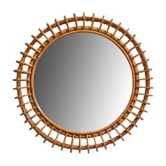 Italian Designer, Round Wall Mirror, Rattan, Mirror, Italy, 1960s