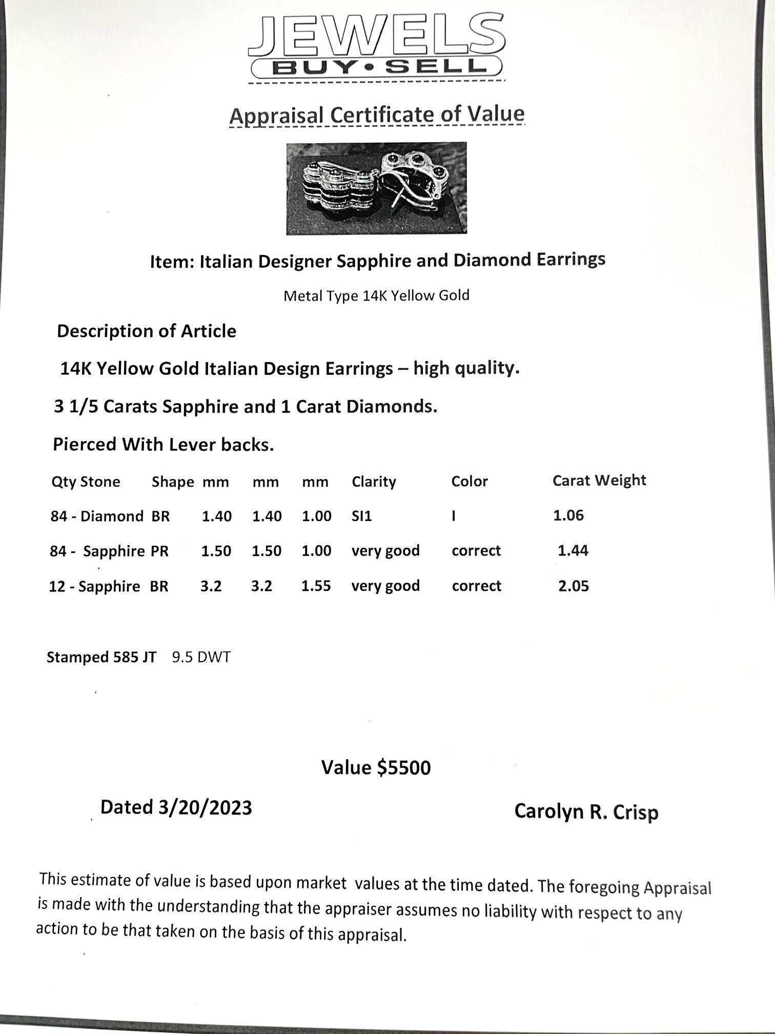 14K YG Italian Designer Sapphire & Diamond Omega Back Post Earrings w Appraisal For Sale 4