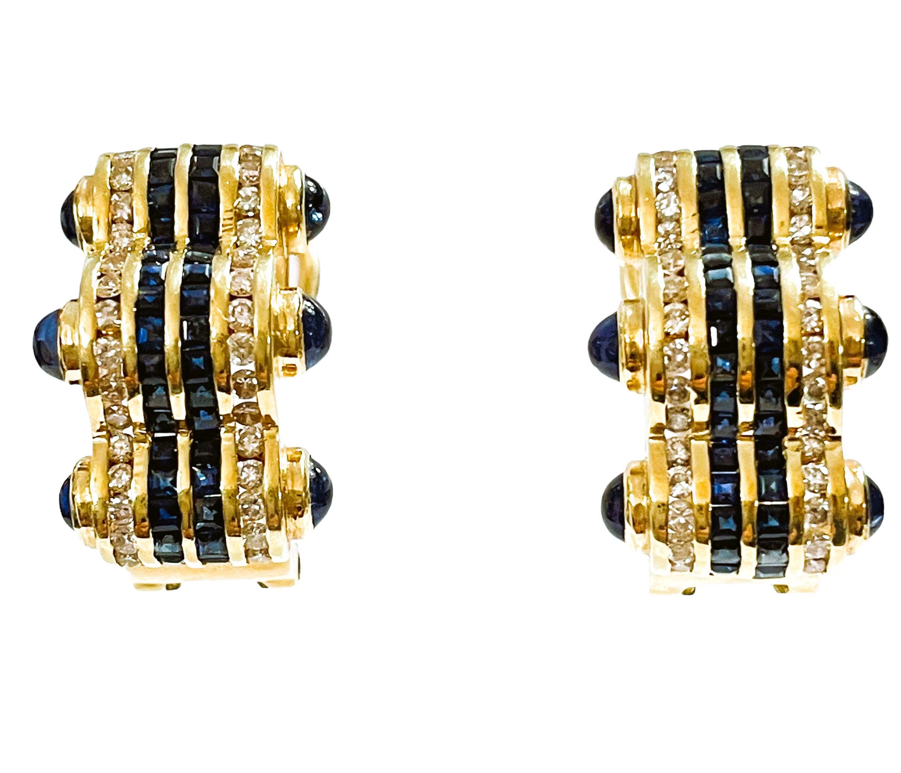 Art Deco 14K YG Italian Designer Sapphire & Diamond Omega Back Post Earrings w Appraisal For Sale