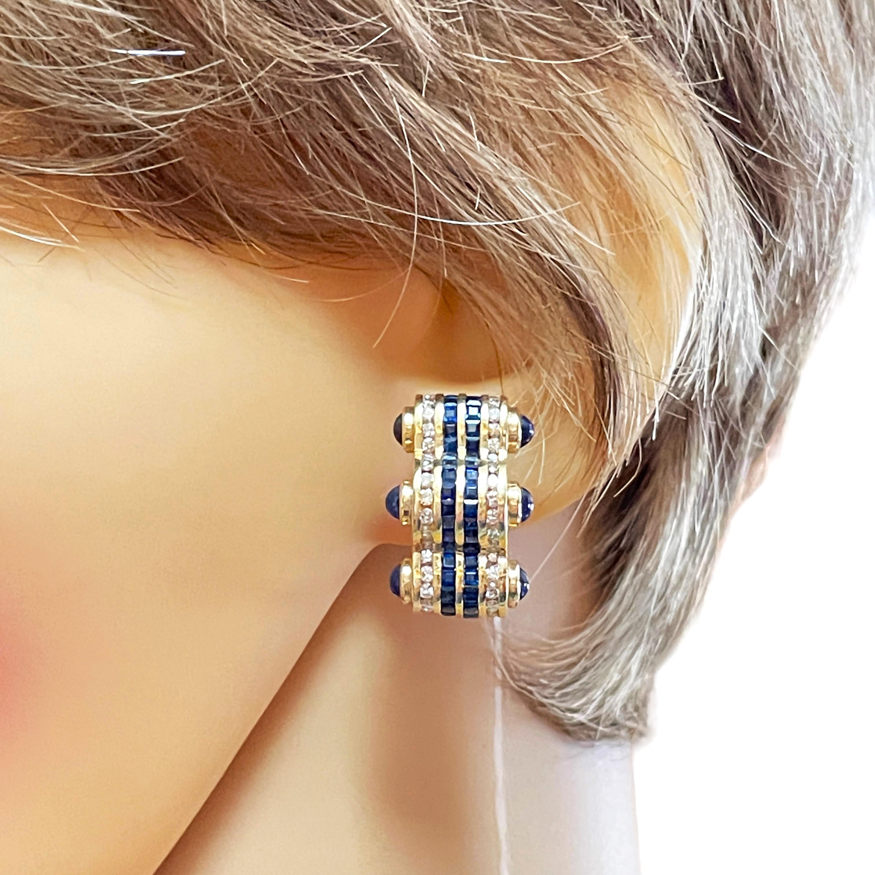 Baguette Cut 14K YG Italian Designer Sapphire & Diamond Omega Back Post Earrings w Appraisal For Sale
