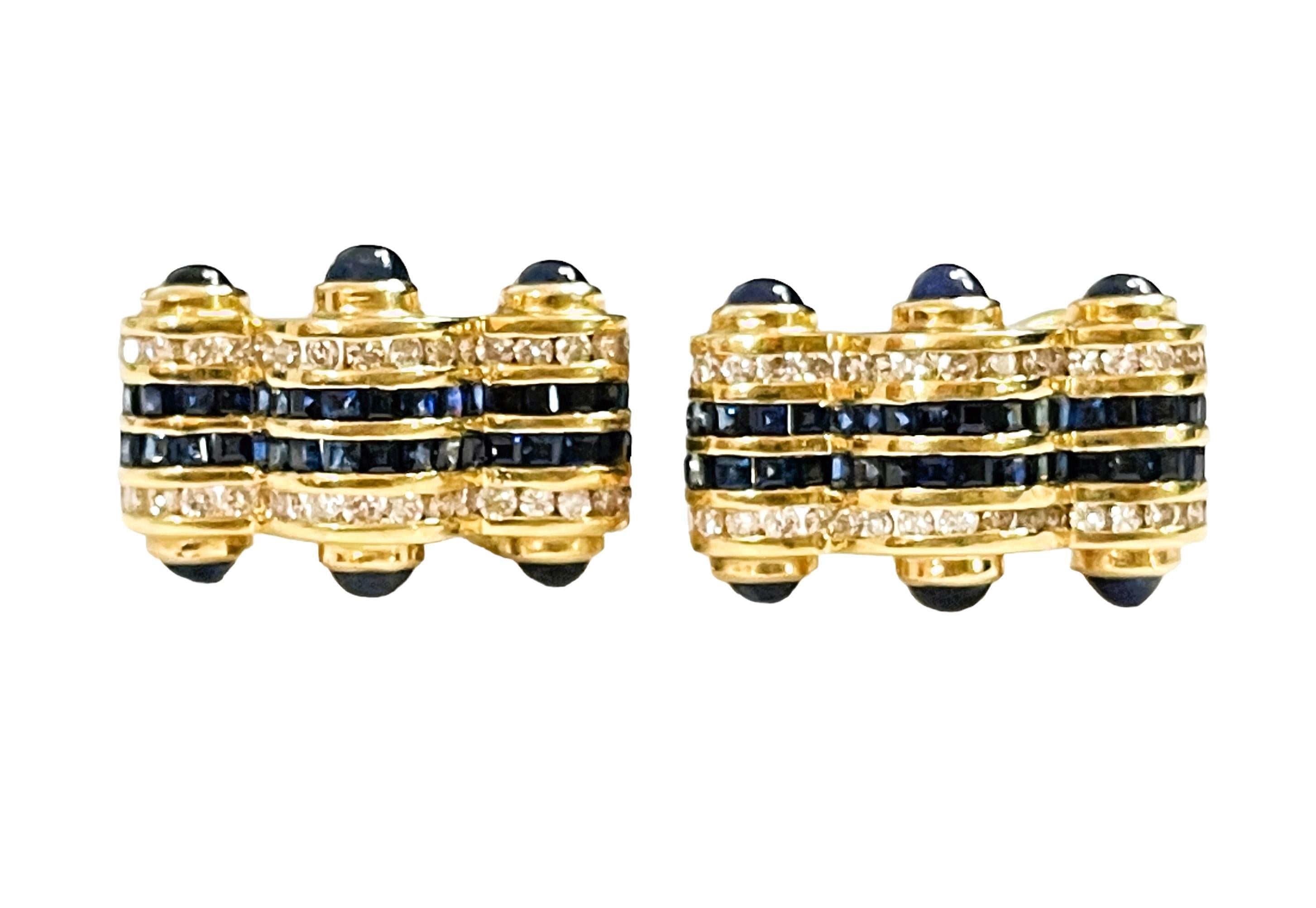 14K YG Italian Designer Sapphire & Diamond Omega Back Post Earrings w Appraisal For Sale 2