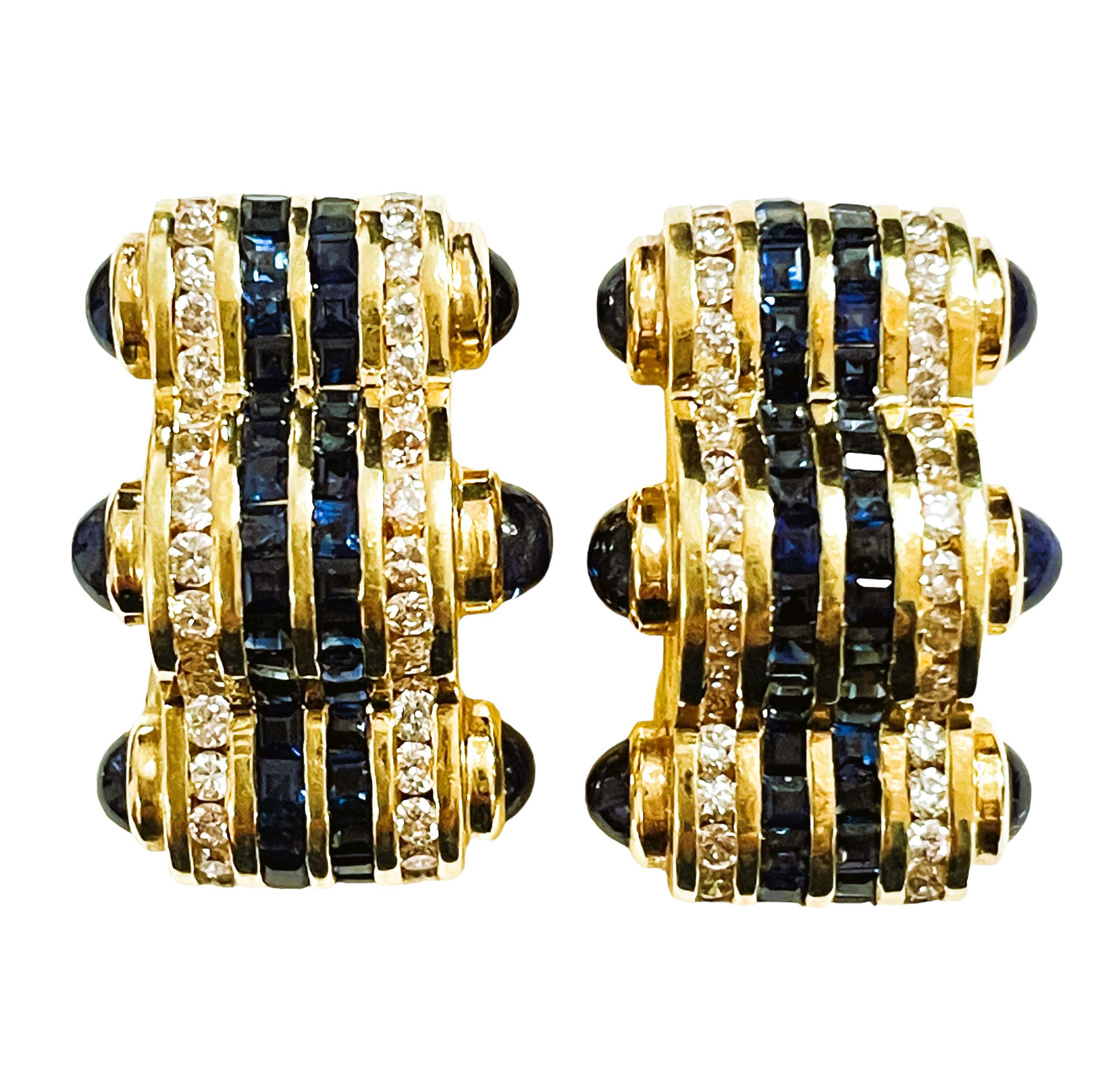 14K YG Italian Designer Sapphire & Diamond Omega Back Post Earrings w Appraisal For Sale 3